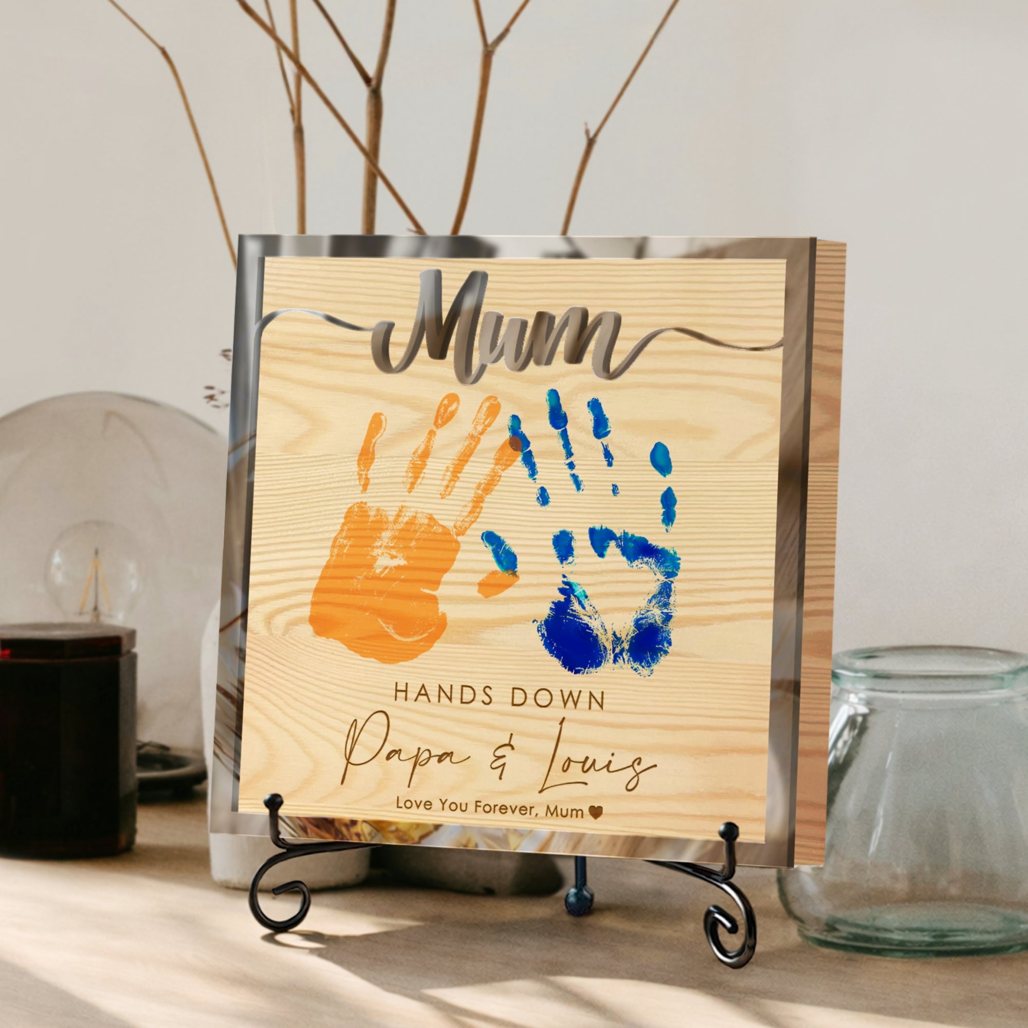 Personalised 3D “Hands Down” Mum Handprint on Engraved Wooden Block Sign, Mother's Day Gift, Mom Birthday Plaque, Grandma Granny Keepsake