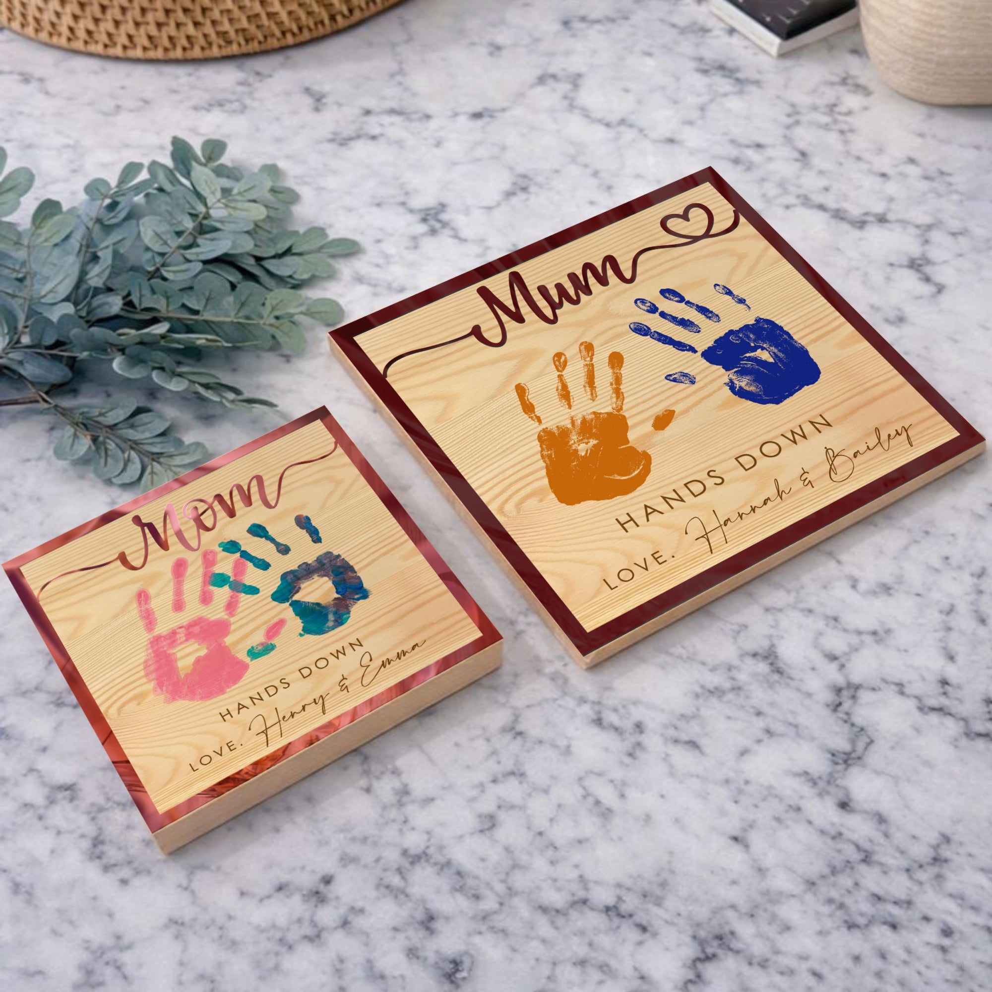 Personalised 3D “Hands Down” Mum Handprint on Engraved Wooden Block Sign, Mother's Day Gift, Mom Birthday Plaque, Grandma Granny Keepsake