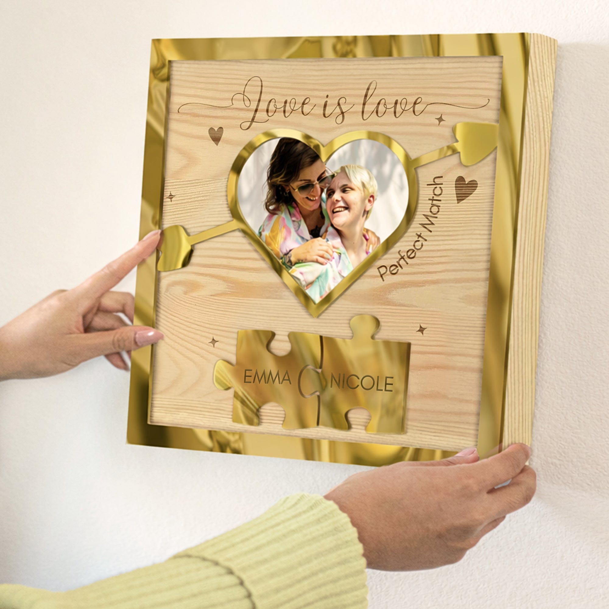 Personalised 3D Heart UV-Printed Couple Photo on Custom Engraved Wooden Block, Couple Valentines, LGBT Wedding Anniversary Housewarming Gift