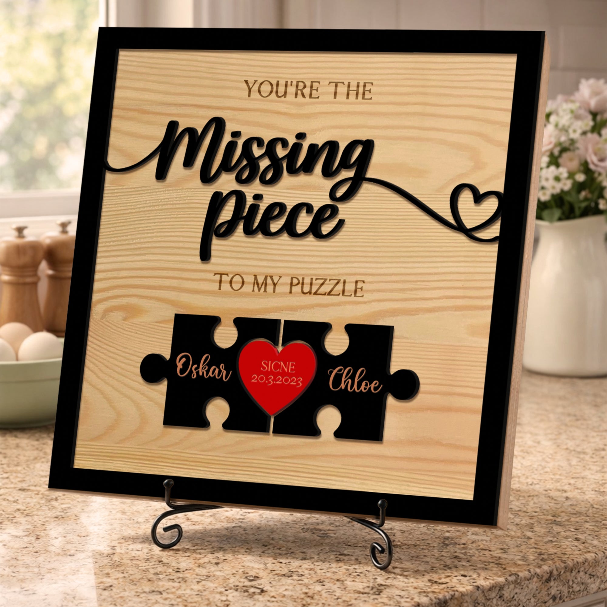 Personalised 3D “My Missing Piece” Couple Puzzle on Engraved Wooden Block Sign, Valentines, Same Sex Wedding, Anniversary, Housewarming Gift