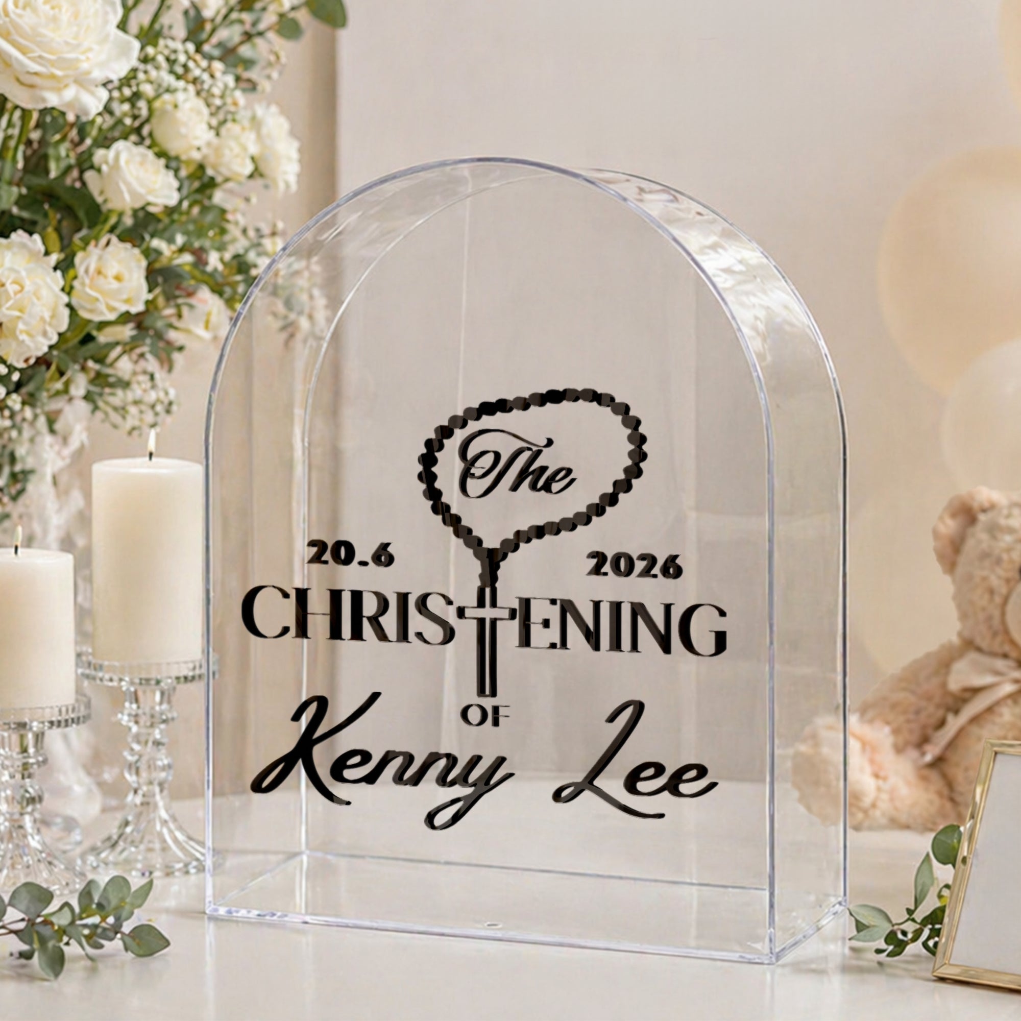 Personalised 3D Raised Acrylic Clear Arch Christening Box, Custom Transparent Baptism Memory Box, First Birthday, Baby Shower Keepsake Gift
