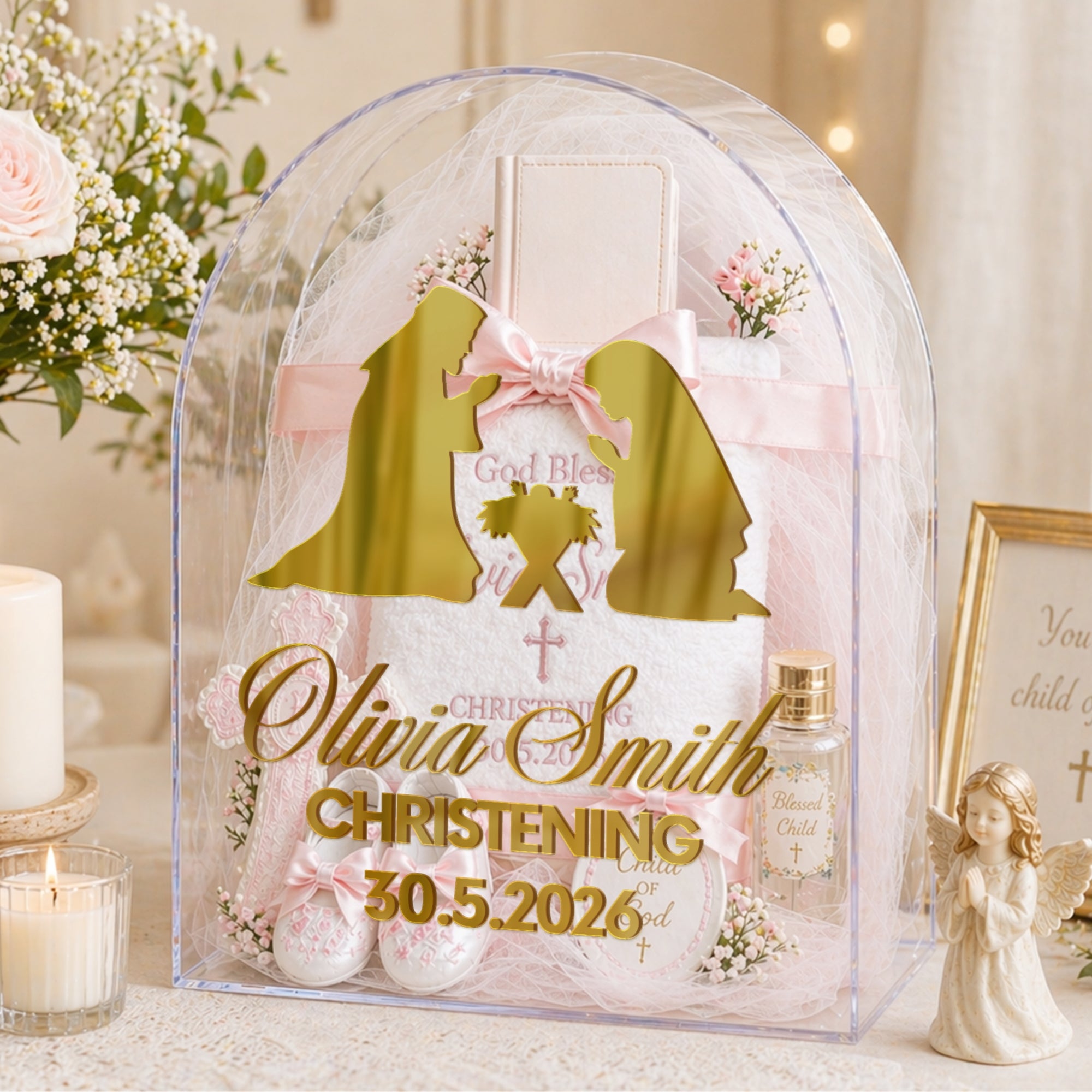 Personalised 3D Raised Acrylic Clear Arch Christening Box, Custom Transparent Baptism Memory Box, First Birthday, Baby Shower Keepsake Gift