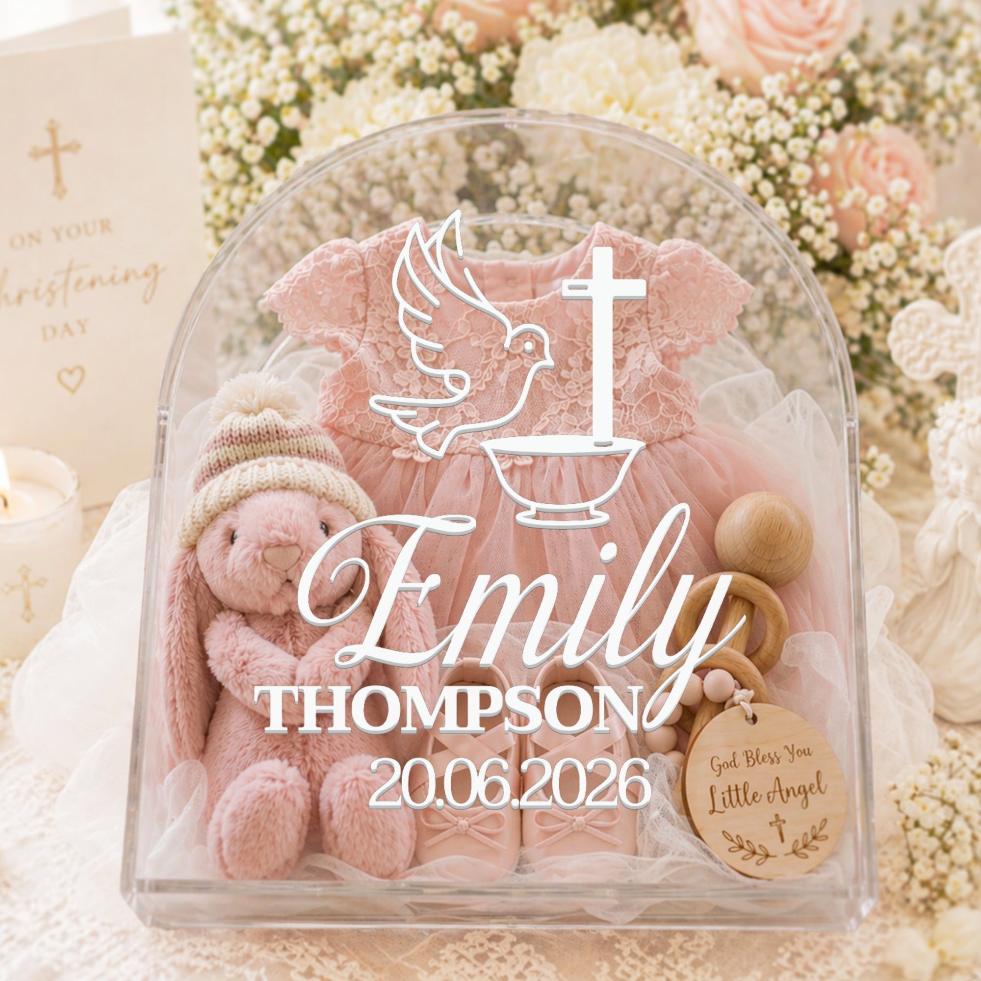 Personalised 3D Raised Acrylic Clear Arch Christening Box, Custom Transparent Baptism Memory Box, First Birthday, Baby Shower Keepsake Gift