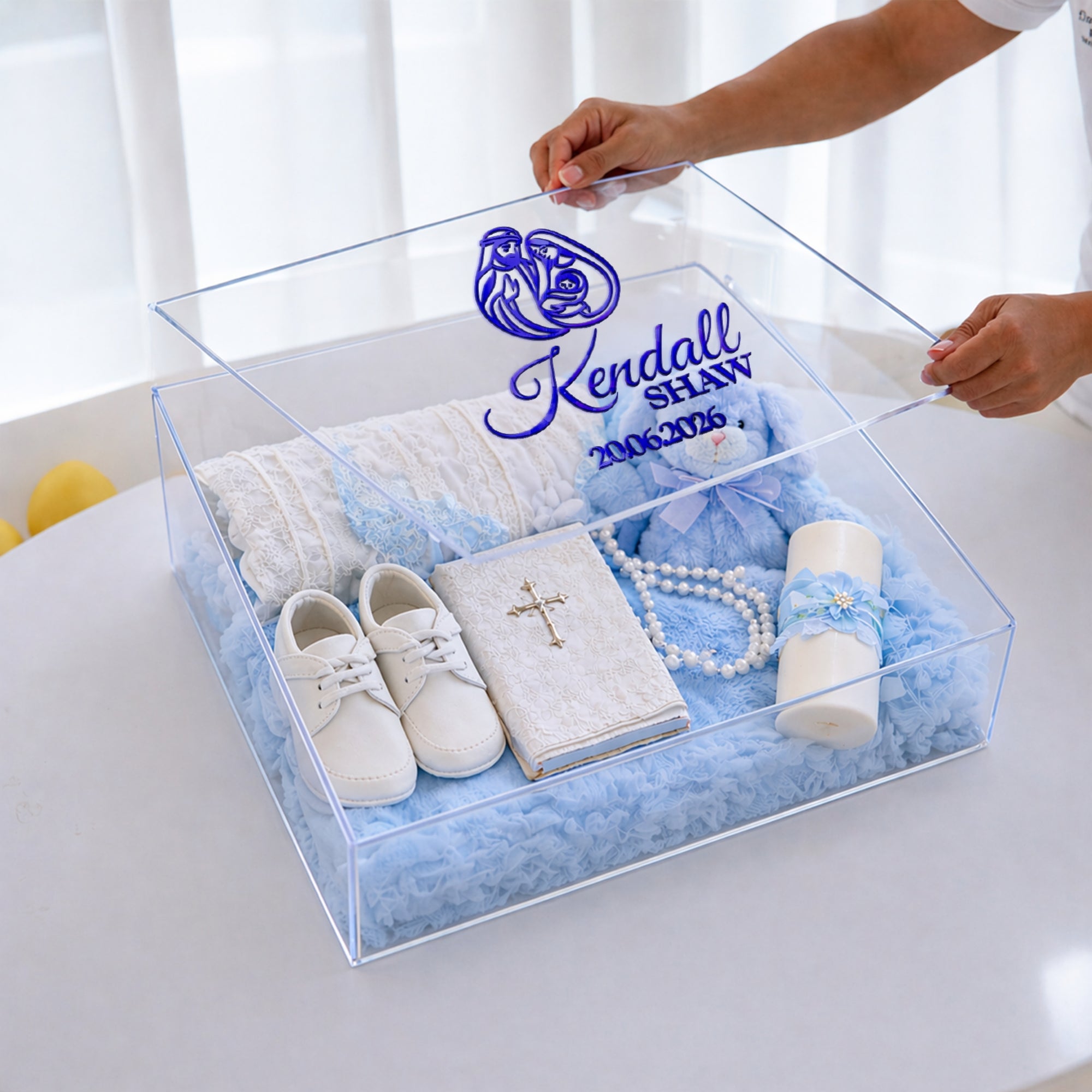 Personalised 3D Raised Acrylic Clear Christening Box, Custom Made Transparent Baptism Memory Box, First Birthday, Baby Shower Keepsake Gift