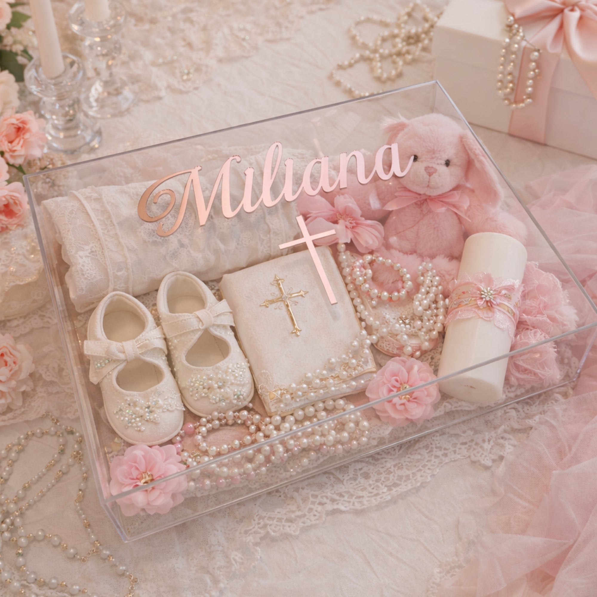 Personalised 3D Raised Acrylic Clear Christening Box, Custom Made Transparent Baptism Memory Box, First Birthday, Baby Shower Keepsake Gift