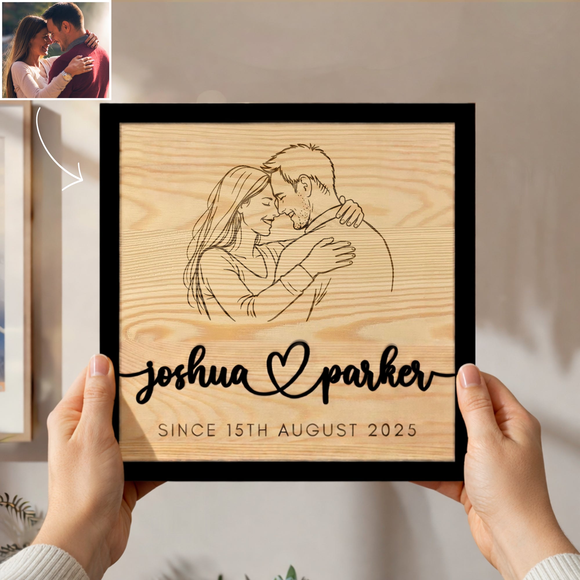 Personalised 3D Raised Couple Names & Sketch Photo on Engraved Wooden Block Sketch Couple Valentines, LGBT Same Sex Wedding Anniversary Gift