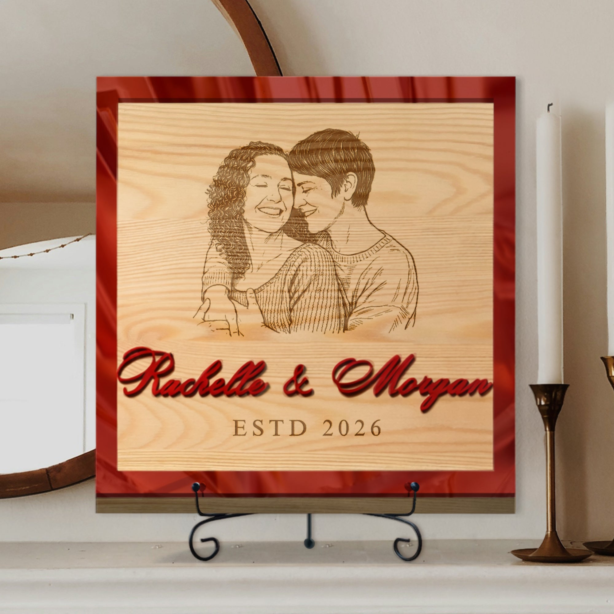 Personalised 3D Raised Couple Names &amp; Sketch Photo on Engraved Wooden Block Sketch Couple Valentines, LGBT Same Sex Wedding Anniversary Gift
