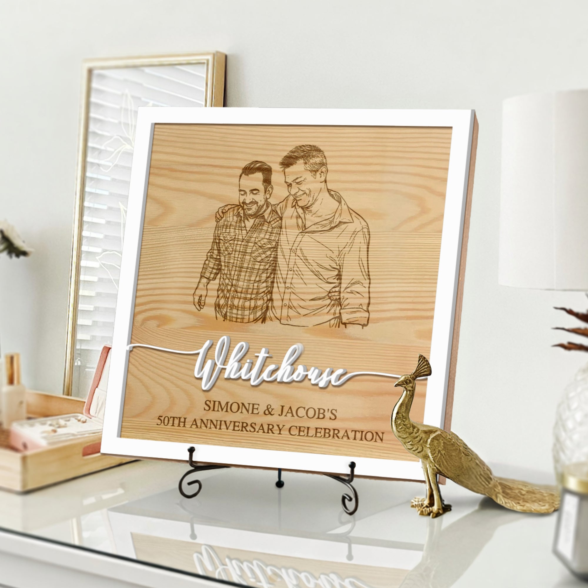 Personalised 3D Raised Couple Names &amp; Sketch Photo on Engraved Wooden Block Sketch Couple Valentines, LGBT Same Sex Wedding Anniversary Gift