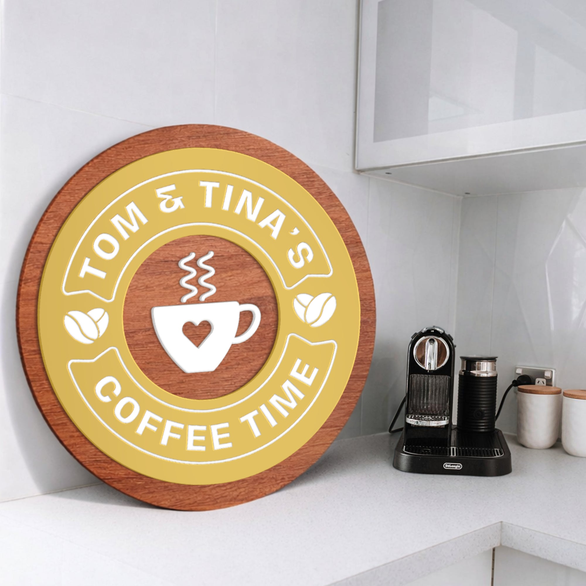Personalised 3D Raised Wooden Coffee Bar Badge Sign, Custom Round Home Corner Wall Plaque, Family Kitchen Cafés Signage, Housewarming Gift