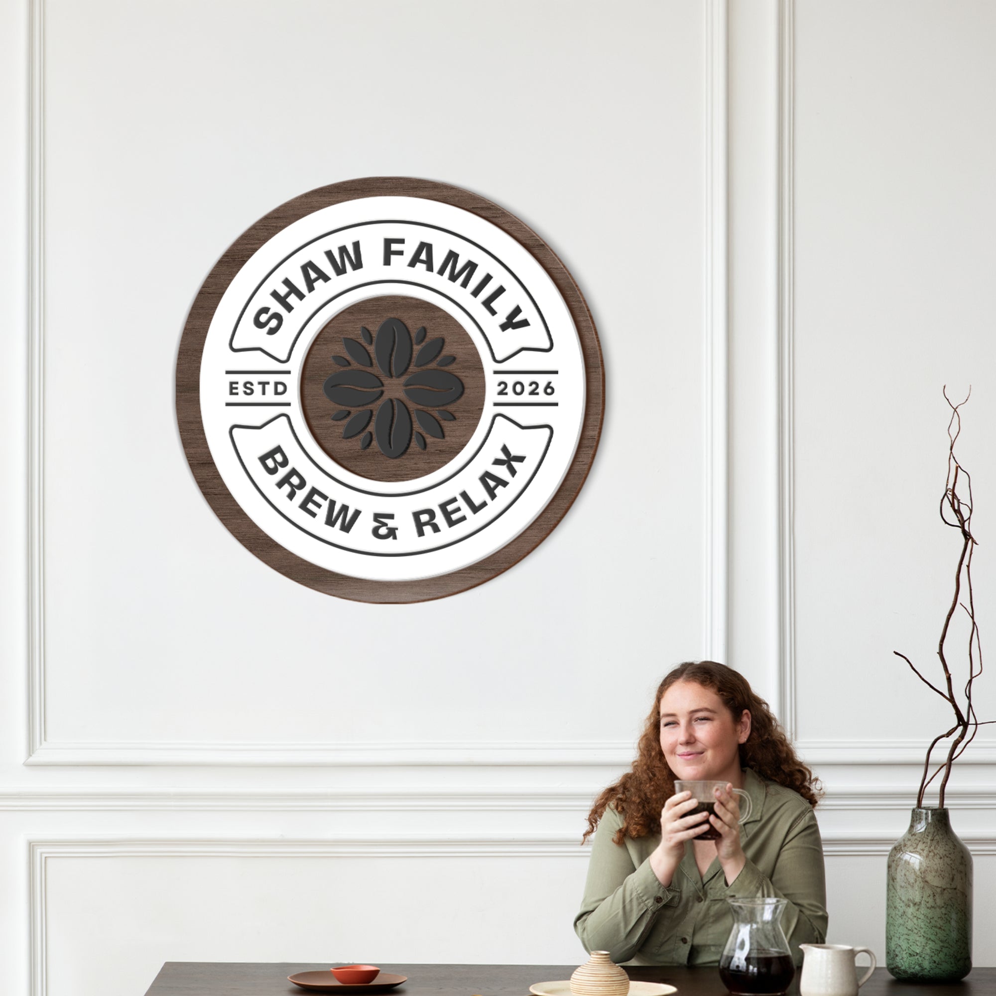 Personalised 3D Raised Wooden Coffee Bar Badge Sign, Custom Round Home Corner Wall Plaque, Family Kitchen Cafés Signage, Housewarming Gift