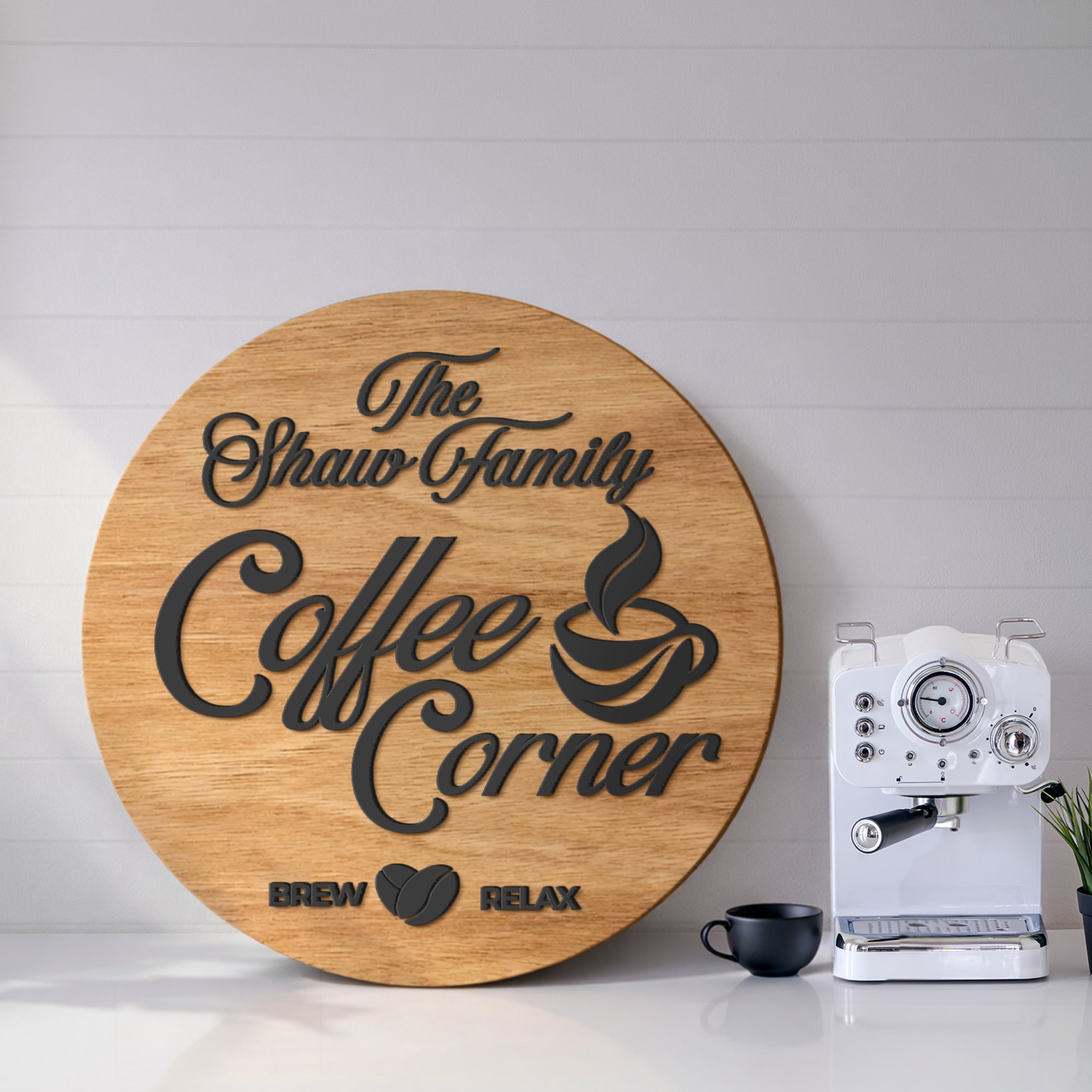 Personalised 3D Raised Wooden Coffee Bar Sign, Custom Round Home Bar Corner Wall Plaque Family Kitchen Cafés Signage Decor Housewarming Gift