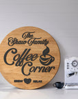 Personalised 3D Raised Wooden Coffee Bar Sign, Custom Round Home Bar Corner Wall Plaque Family Kitchen Cafés Signage Decor Housewarming Gift