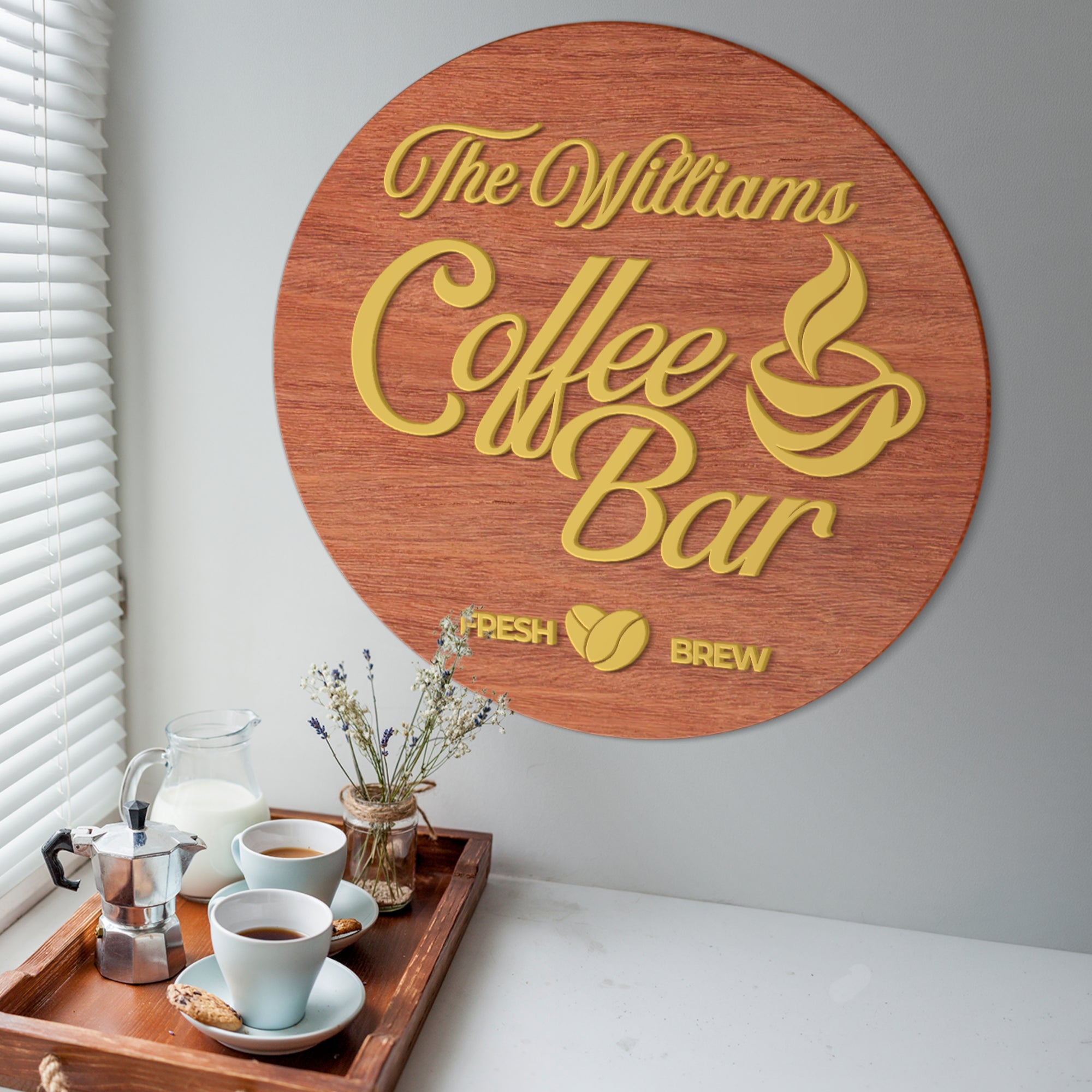 Personalised 3D Raised Wooden Coffee Bar Sign, Custom Round Home Bar Corner Wall Plaque Family Kitchen Cafés Signage Decor Housewarming Gift