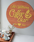 Personalised 3D Raised Wooden Coffee Bar Sign, Custom Round Home Bar Corner Wall Plaque Family Kitchen Cafés Signage Decor Housewarming Gift