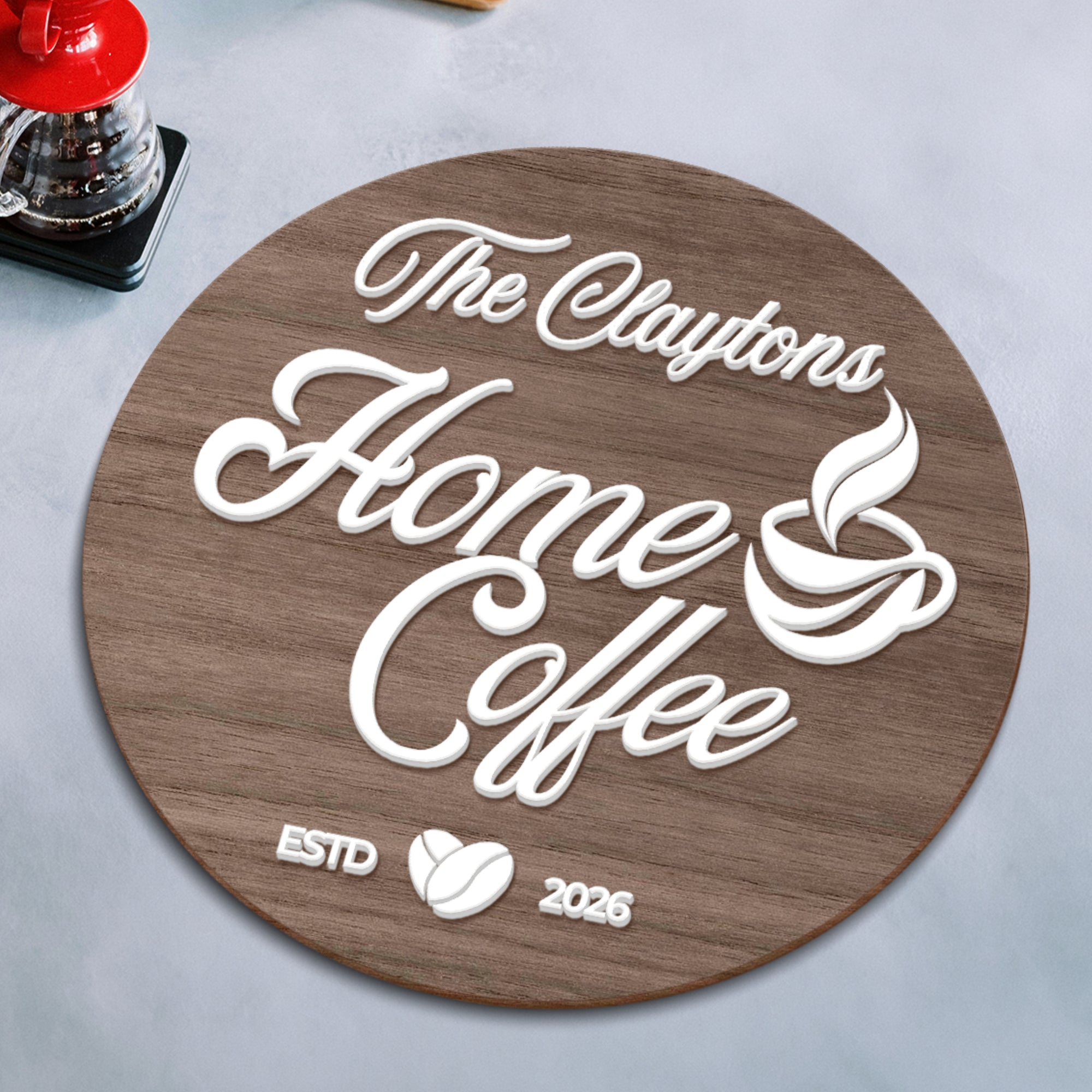 Personalised 3D Raised Wooden Coffee Bar Sign, Custom Round Home Bar Corner Wall Plaque Family Kitchen Cafés Signage Decor Housewarming Gift