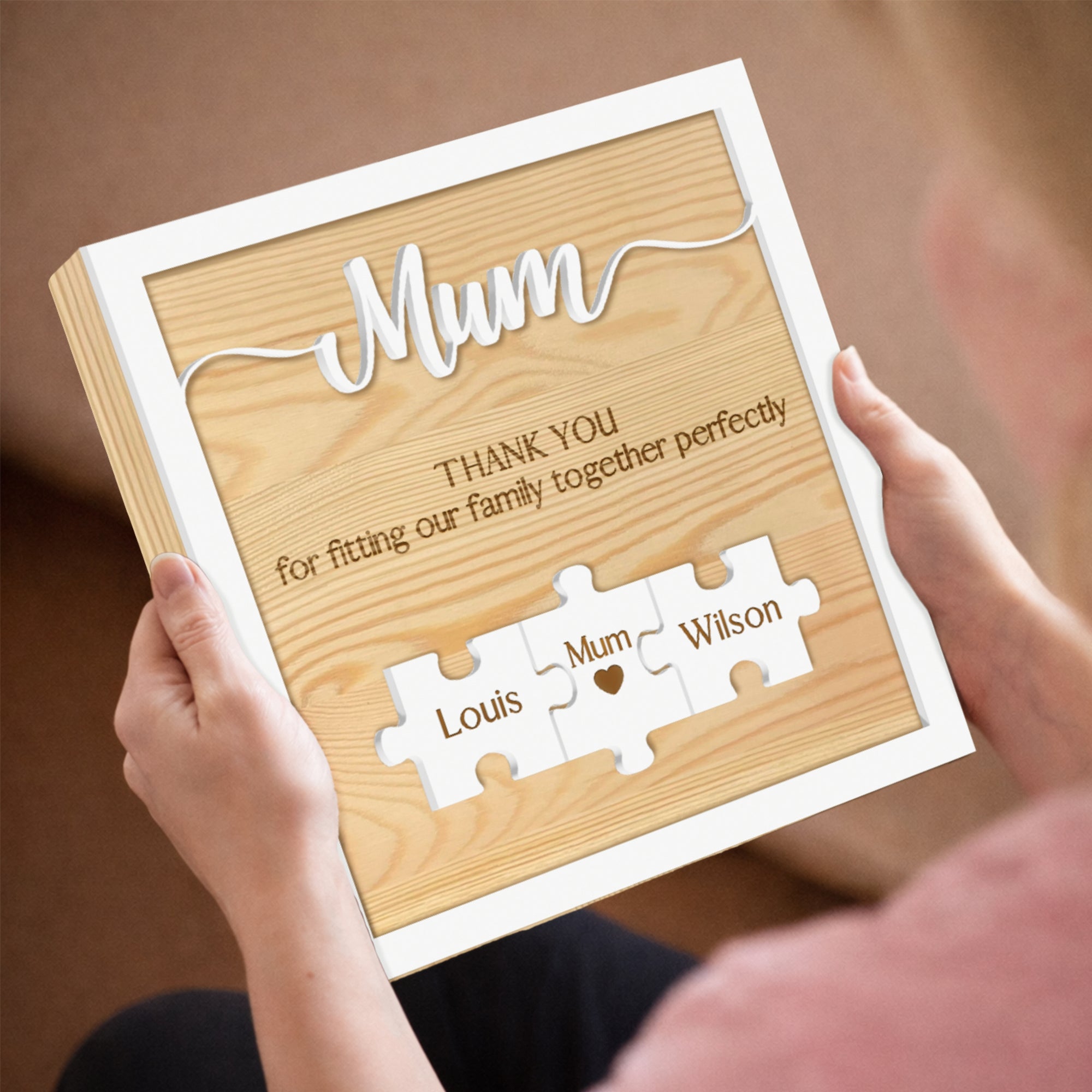 Personalised 3D “You’re the Piece That Holds Us Together” Mum Puzzle on Engraved Wooden Block Sign, Mother's Day Gift for Mom Grandma Granny