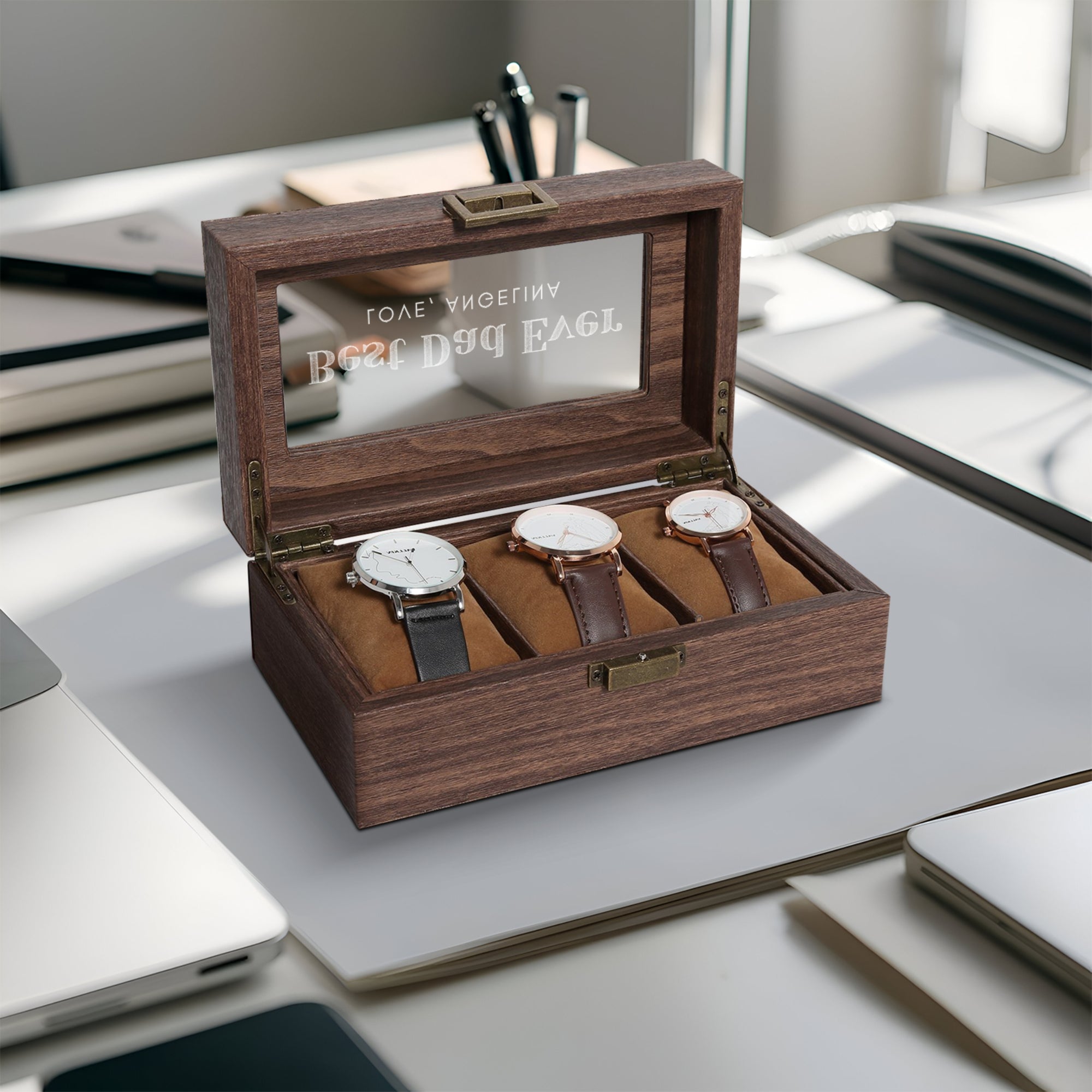 Personalised 3, 6, 10, 12 Slots Watch Display Wooden Case Box, Custom Engraved Men Accessories Storage, Groomsman Dad Mom Birthday Xmas Gift