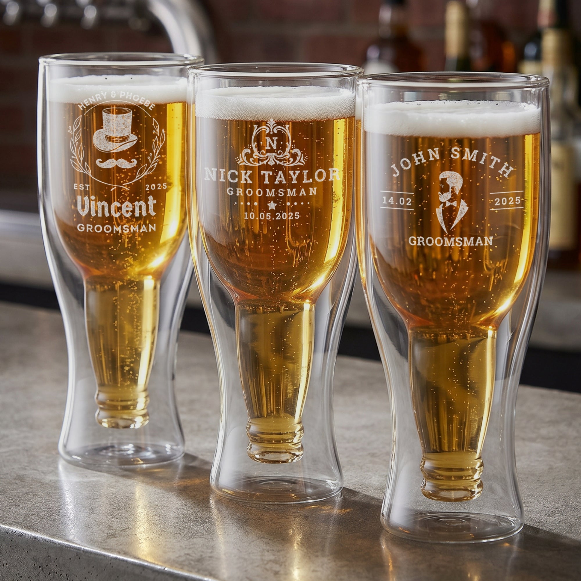 Personalised 400mL Bottom Up Double Wall Beer Glass, Engraved Brewery Bottle Inside Pint Mug, Wedding Groomsmen, Custom Logo Corporate Gift