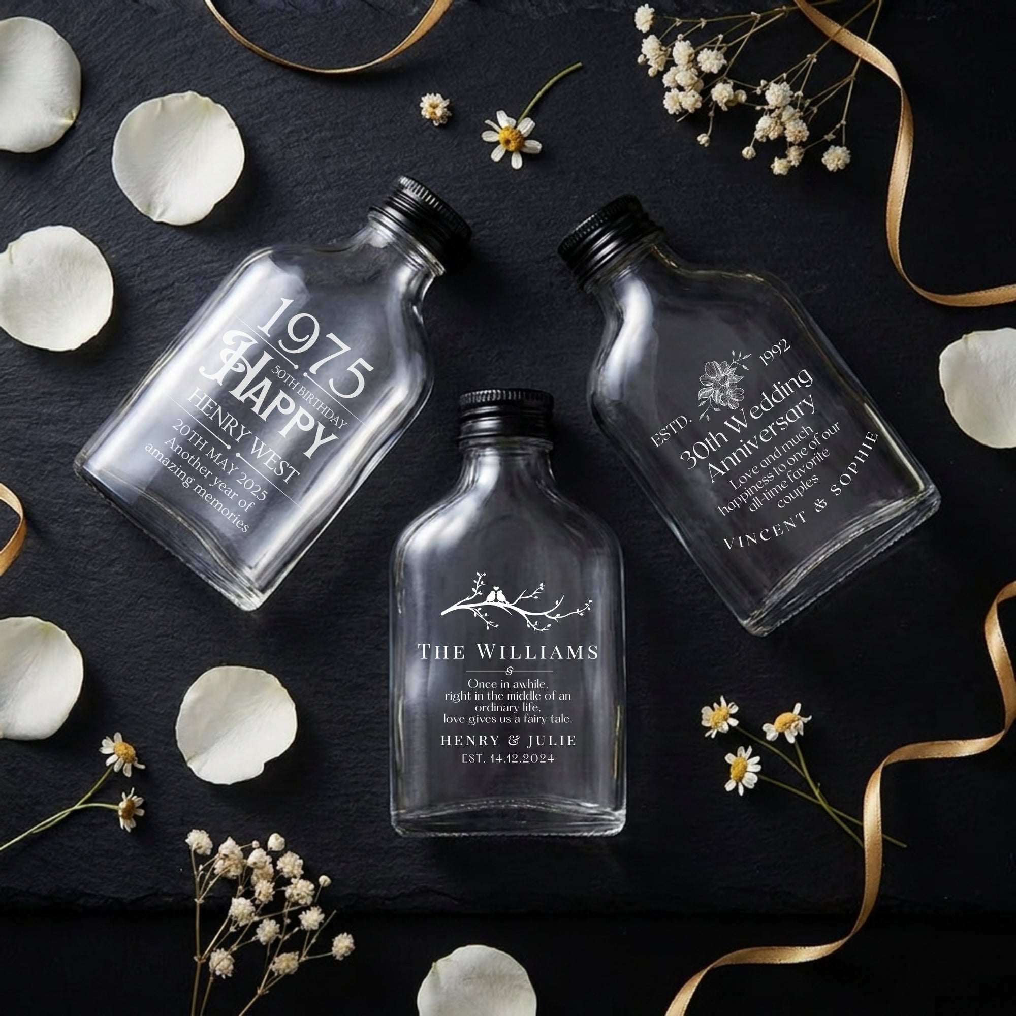 Personalised 50ml Arch Clear Glass Mini Bottles, Custom Print Cocktai Shot Bonbonniere, Wedding Favours, Groomsmen Bridesmaid Corporate Gift