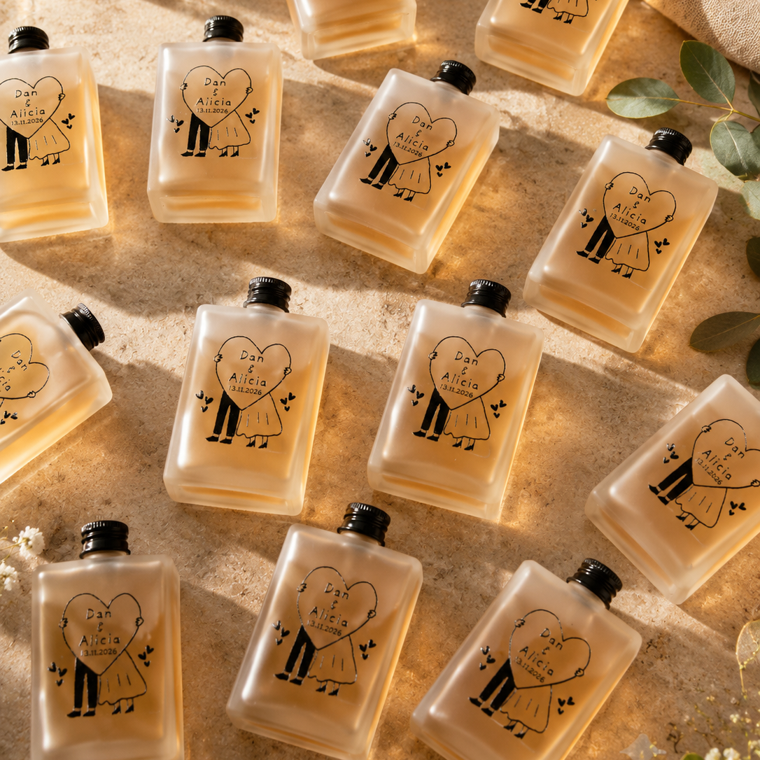 Personalised 50ml Frosted Glass Mini Bottle, Custom Print Cocktail Shot Bonbonniere Party Wedding Favour Groomsmen Bridesmaid Corporate Gift