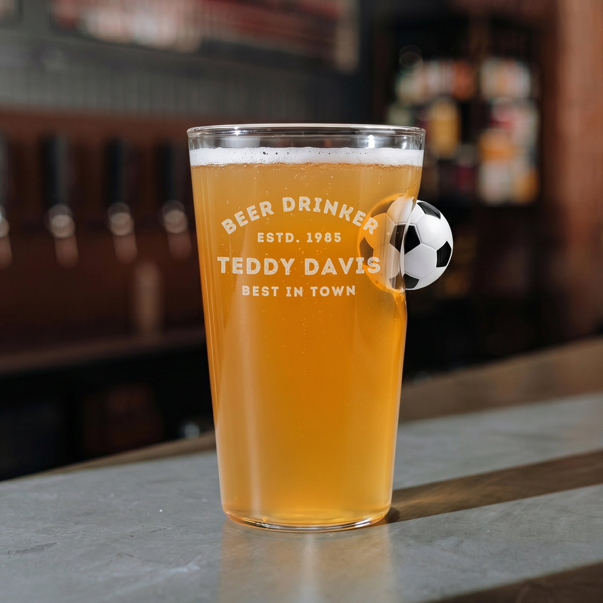 Personalised 550mL Soccer Ball Handle Beer Glass, Engraved Brewery Footbal Mug, Dad Birthday, Wedding Groomsmen, Custom Logo Corporate Gift
