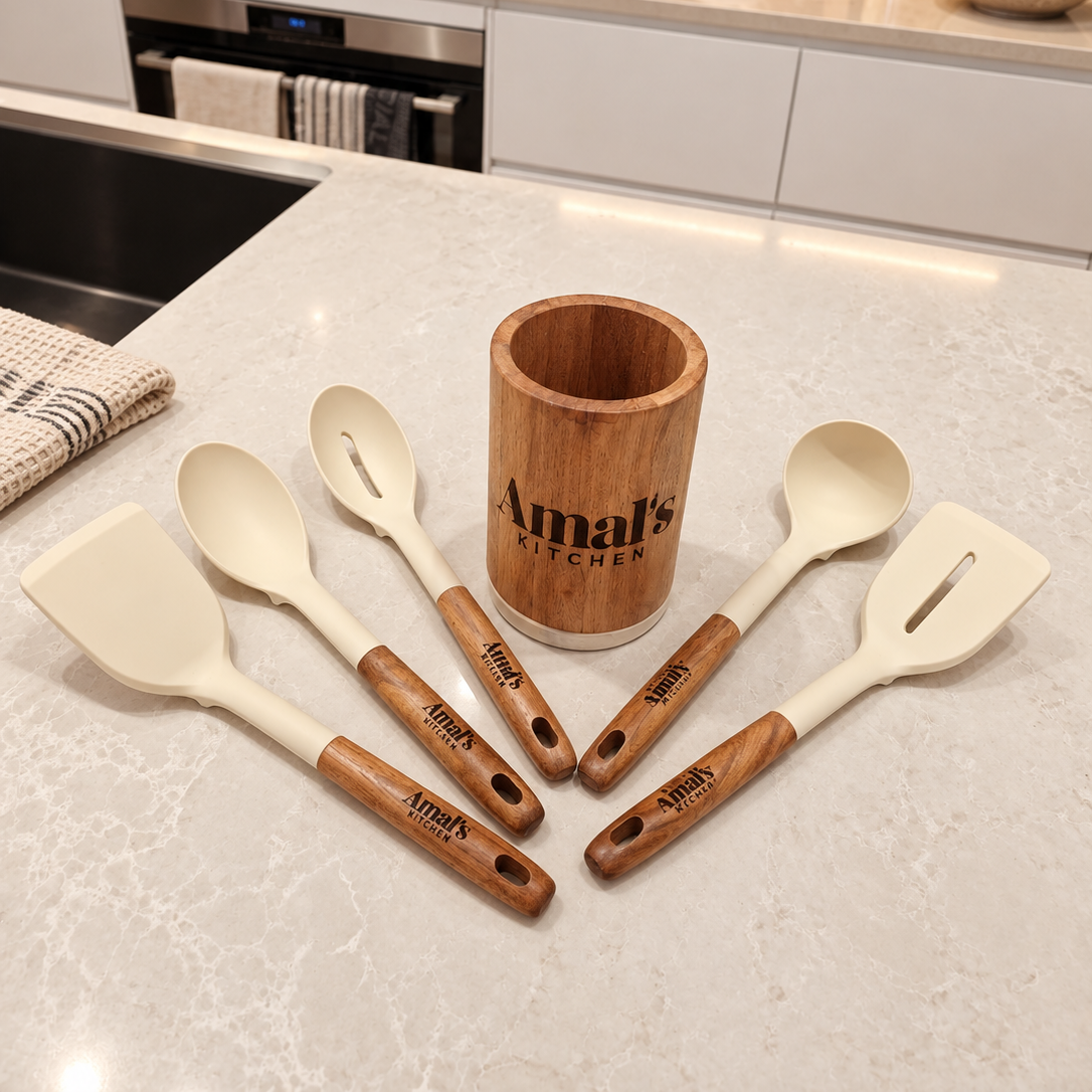 Personalised 5 Cooking Utensils & Acacia/Marble Holder Set, Custom Engraved Kitchen Tools Organiser, Mom Grandma Birthday, Housewarming Gift
