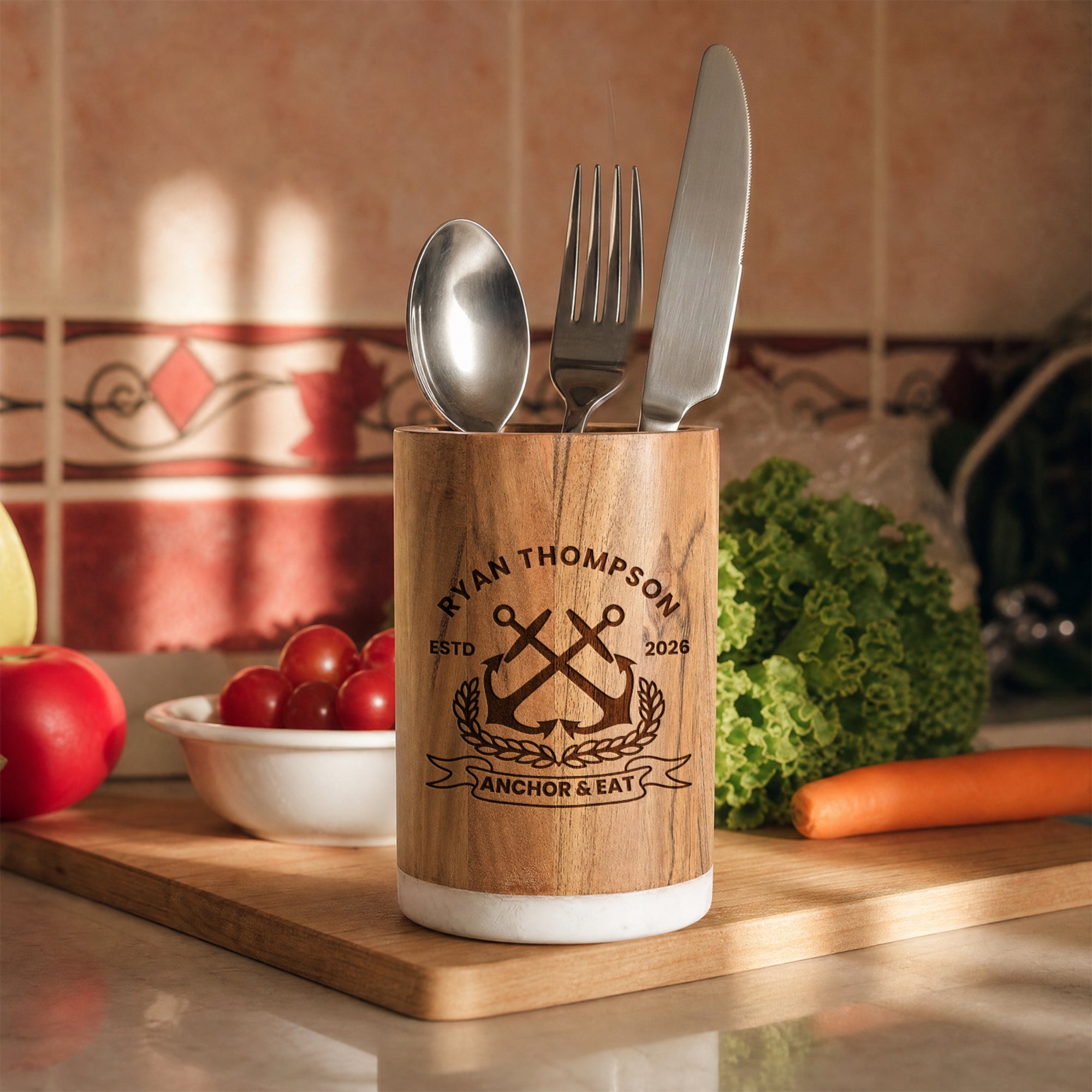 Personalised 5 Cooking Utensils &amp; Acacia/Marble Holder Set, Custom Engraved Kitchen Tools Organiser, Mom Grandma Birthday, Housewarming Gift
