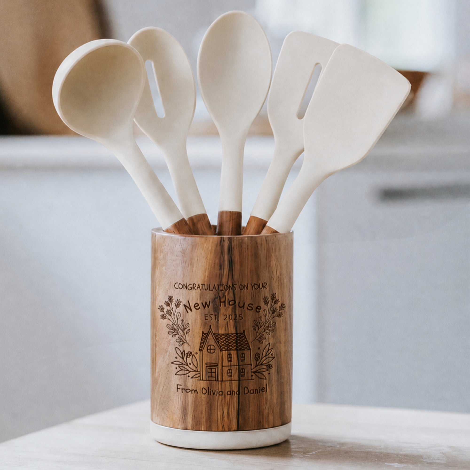 Personalised 5 Cooking Utensils &amp; Acacia/Marble Holder Set, Custom Engraved Kitchen Tools Organiser, Mom Grandma Birthday, Housewarming Gift