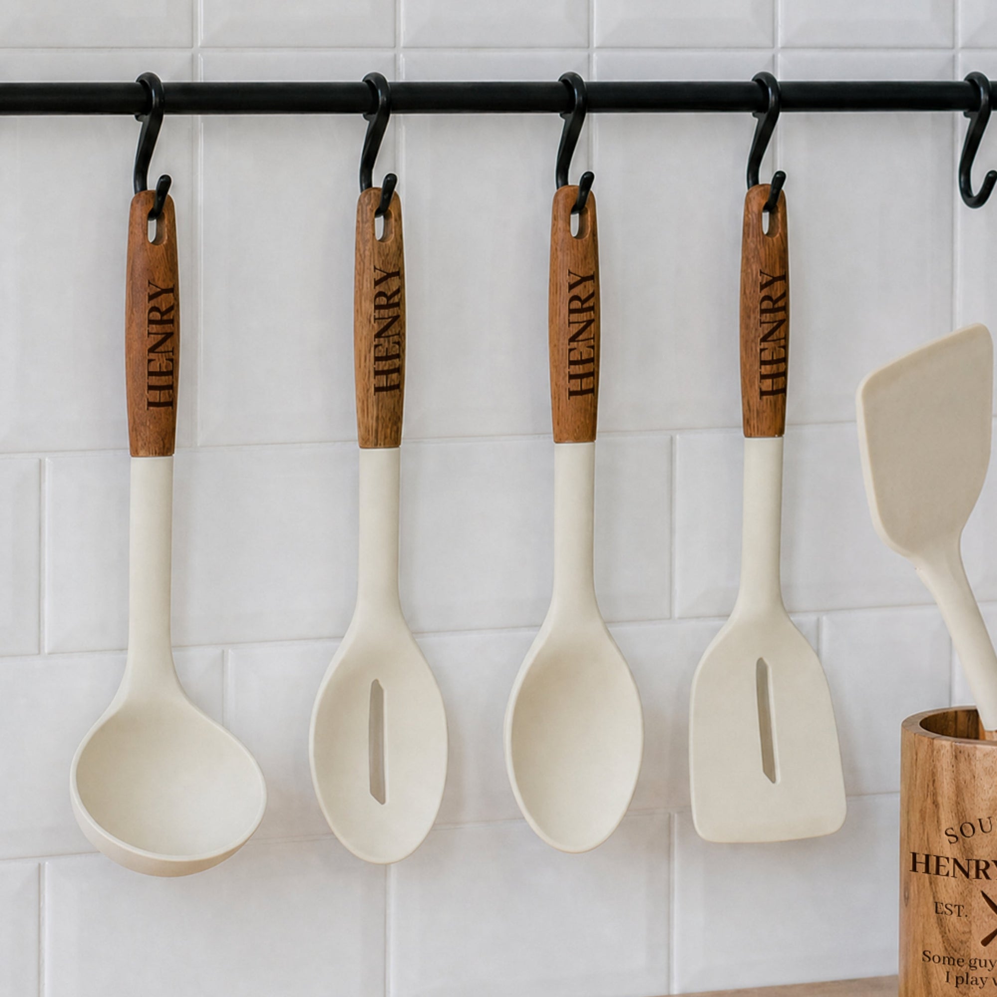 Personalised 5 Cooking Utensils &amp; Acacia/Marble Holder Set, Custom Engraved Kitchen Tools Organiser, Mom Grandma Birthday, Housewarming Gift