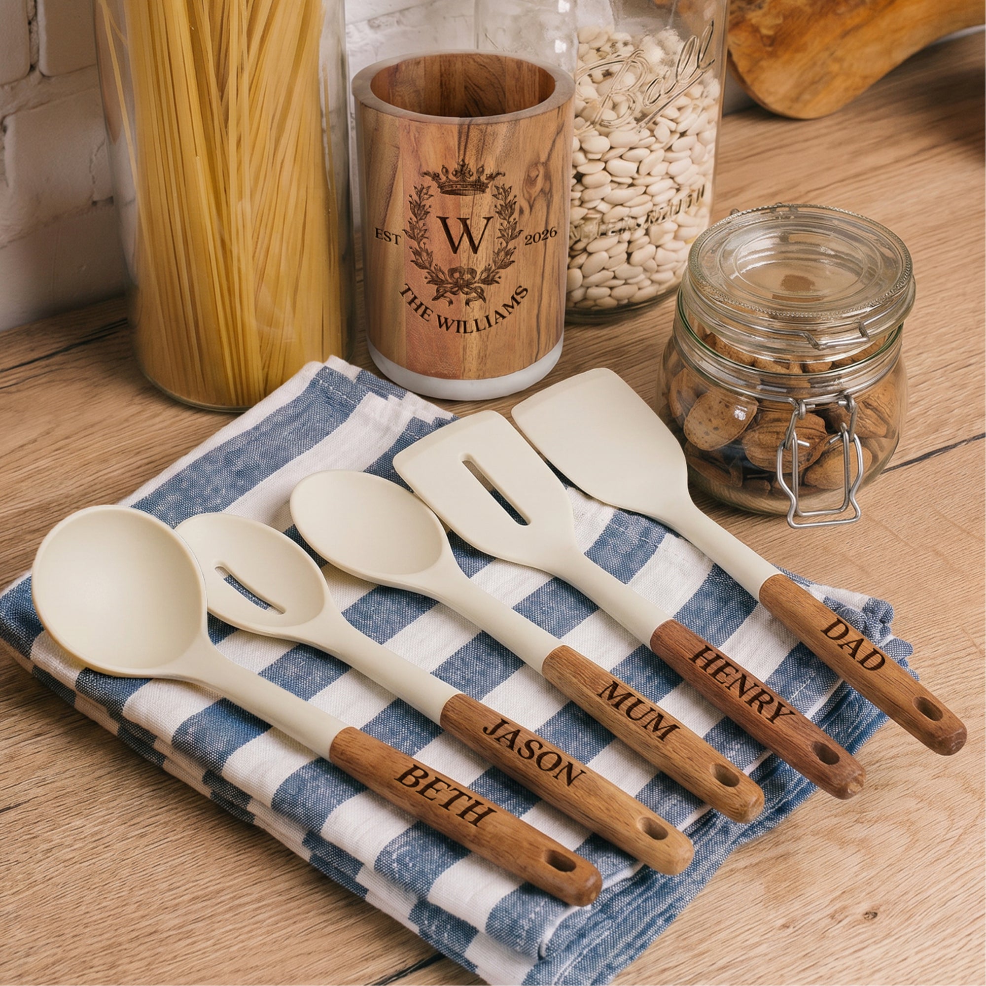 Personalised 5 Cooking Utensils &amp; Acacia/Marble Holder Set, Custom Engraved Kitchen Tools Organiser, Mom Grandma Birthday, Housewarming Gift