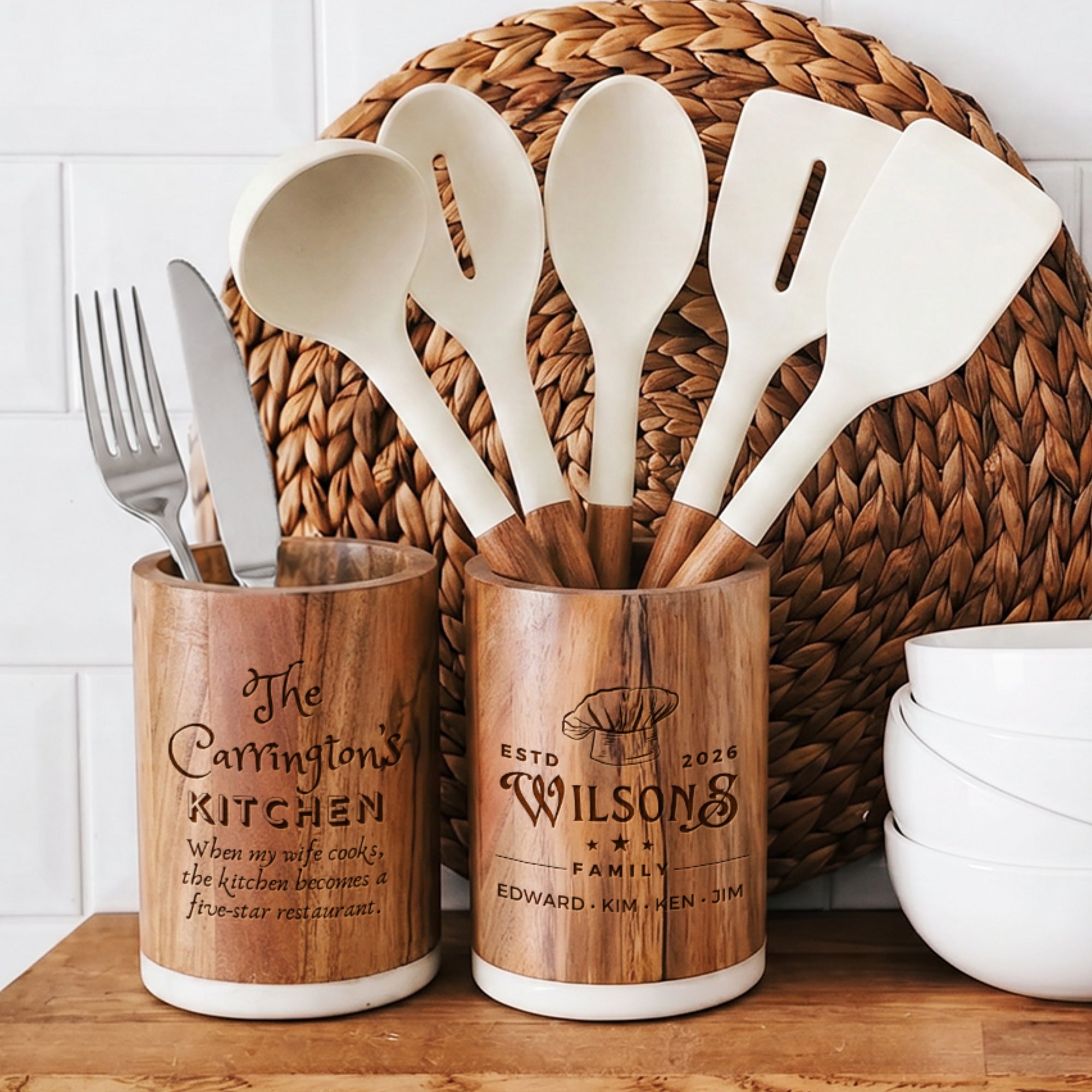 Personalised 5 Cooking Utensils &amp; Acacia/Marble Holder Set, Custom Engraved Kitchen Tools Organiser, Mom Grandma Birthday, Housewarming Gift