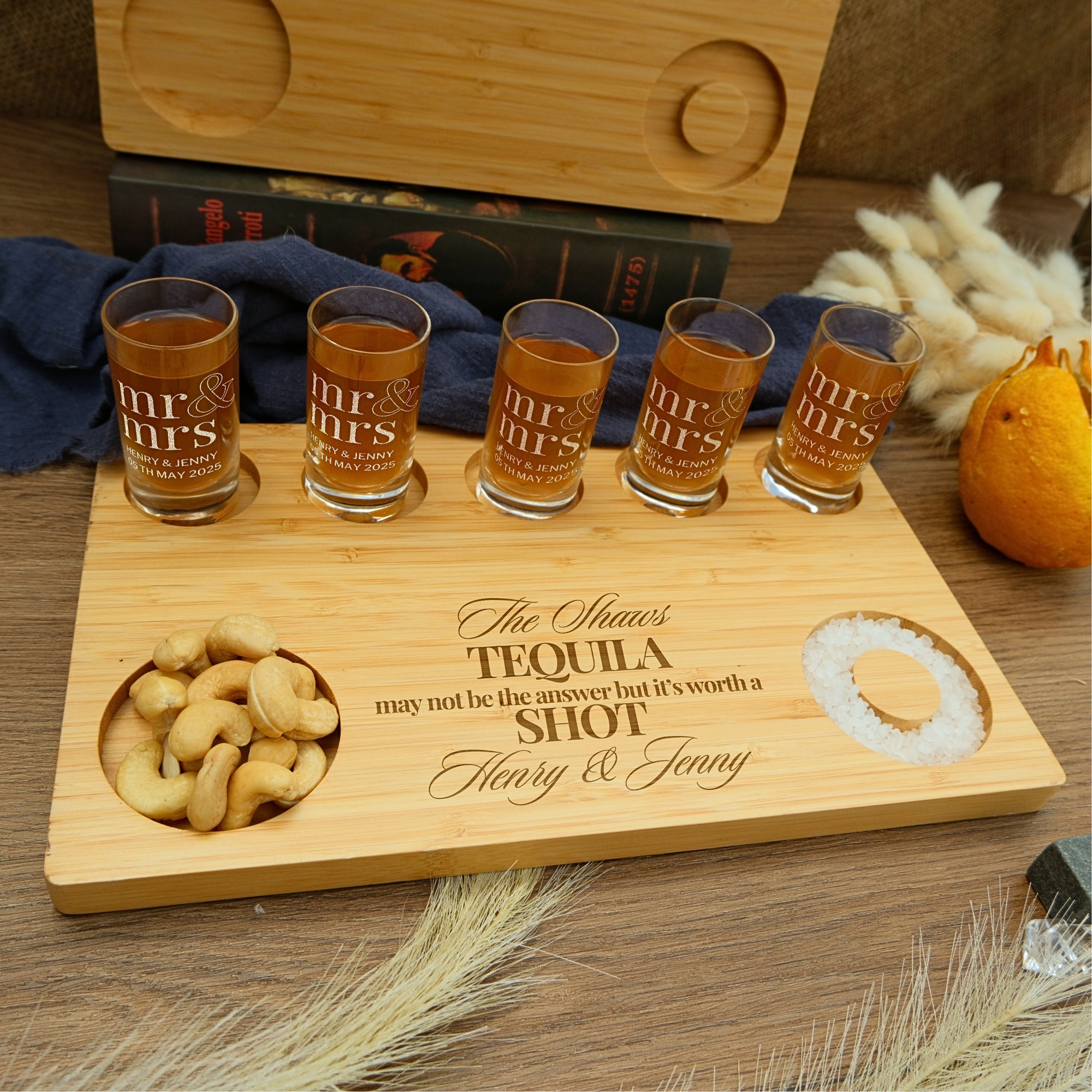 Personalised 5 Crystal Shot Glasses & Custom Engraved Tequila Wooden Flight Board Set, Dad, Bridesmaid Groomsman Wedding Xmas Corporate Gift