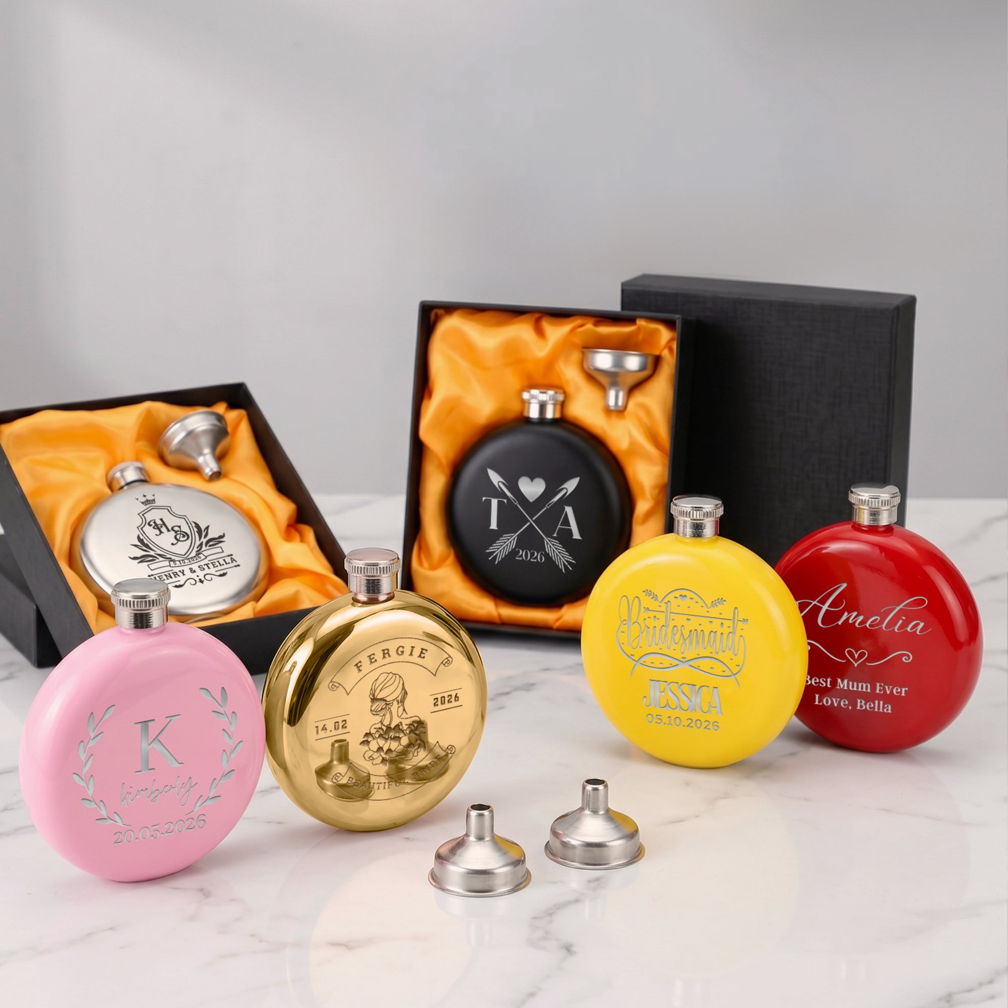 Personalised 5oz Round Hip Flask &amp; Funnel Gift Set for Women, Custom Engraved Wedding Bridesmaid, Lady Birthday, Logo Corporate Keepsake Box