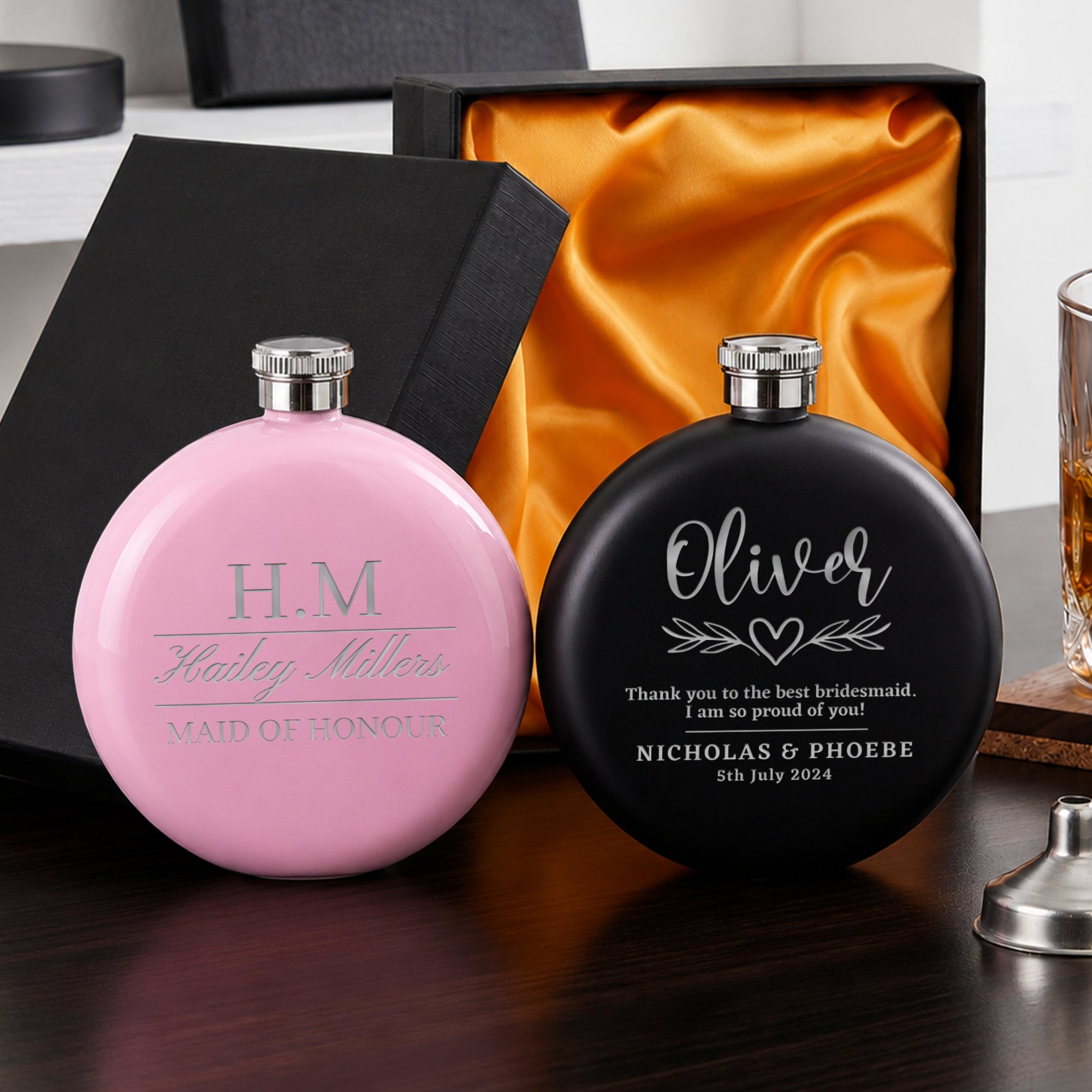 Personalised 5oz Round Hip Flask & Funnel Gift Set for Women, Custom Engraved Wedding Bridesmaid, Lady Birthday, Logo Corporate Keepsake Box