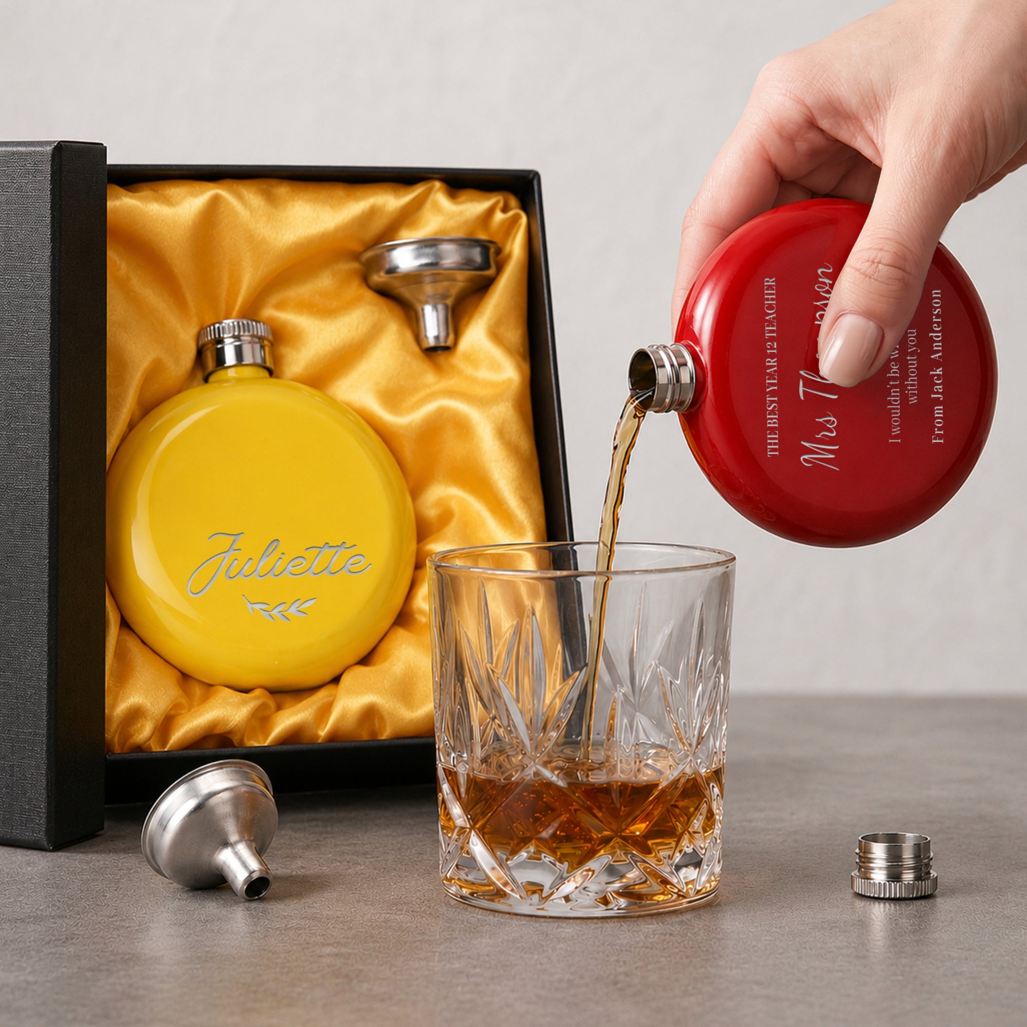 Personalised 5oz Round Hip Flask & Funnel Gift Set for Women, Custom Engraved Wedding Bridesmaid, Lady Birthday, Logo Corporate Keepsake Box
