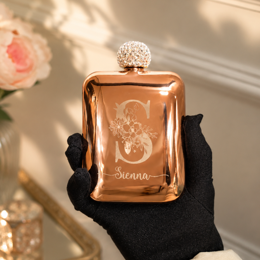 Personalised 6oz Rectangle Hip Flask & Diamond Rhinestone Lid, Custom Engraved Wedding Bridesmaid Proposals, Hens Party, Hers Birthday Gift