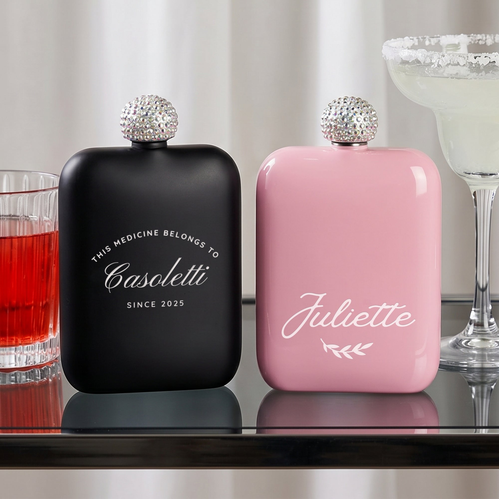 Personalised 6oz Rectangle Hip Flask & Diamond Rhinestone Lid, Custom Engraved Wedding Bridesmaid Proposals, Hens Party, Hers Birthday Gift