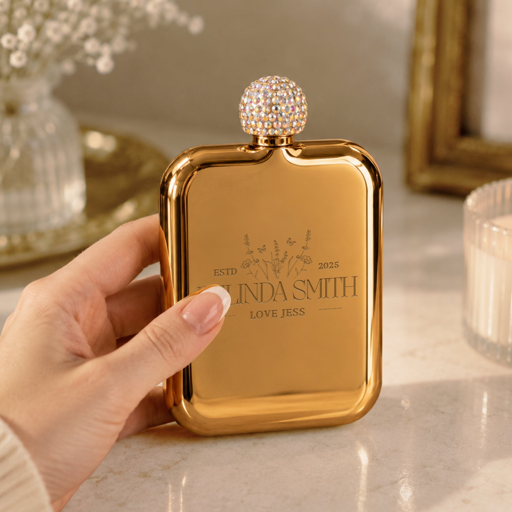 Personalised 6oz Rectangle Hip Flask &amp; Diamond Rhinestone Lid, Custom Engraved Wedding Bridesmaid Proposals, Hens Party, Hers Birthday Gift
