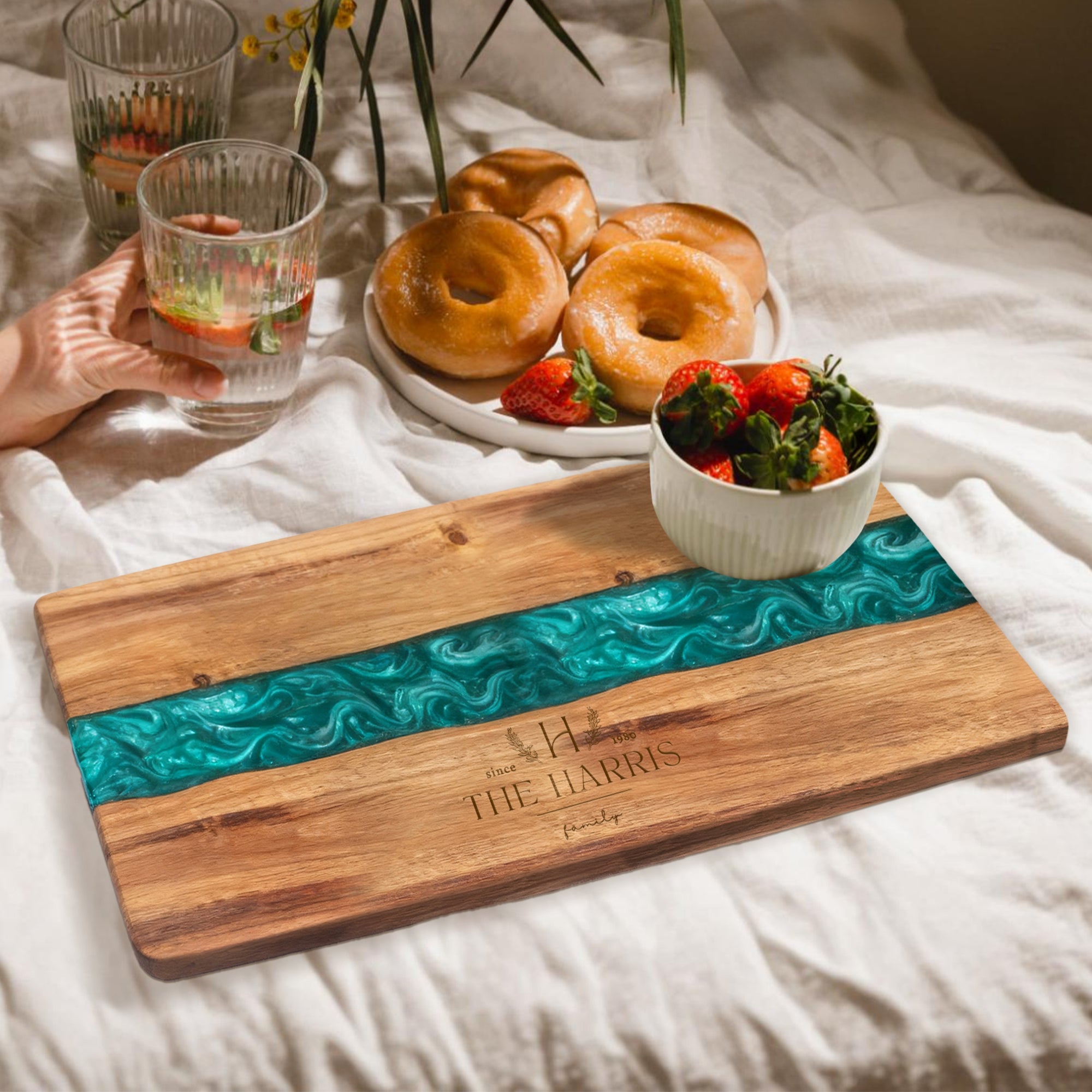 Personalised Acacia Wood Green River Resin Cheese Tray, Custom Logo Engraved Serving Board, Charcuterie Platter, Corporate Housewarming Gift
