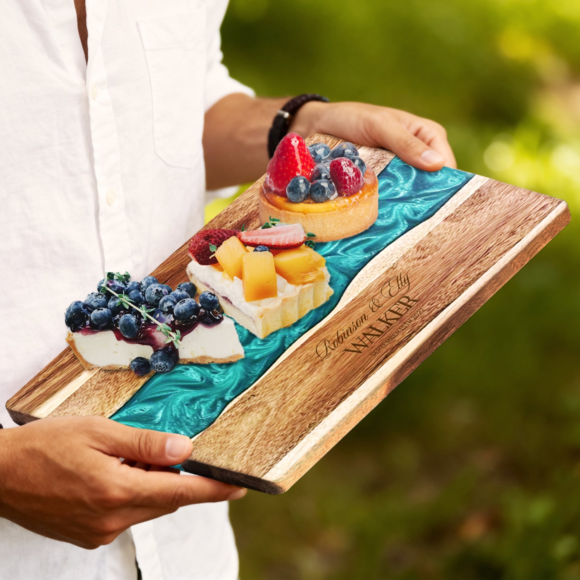 Personalised Acacia Wood Green River Resin Cheese Tray, Custom Logo Engraved Serving Board, Charcuterie Platter, Corporate Housewarming Gift