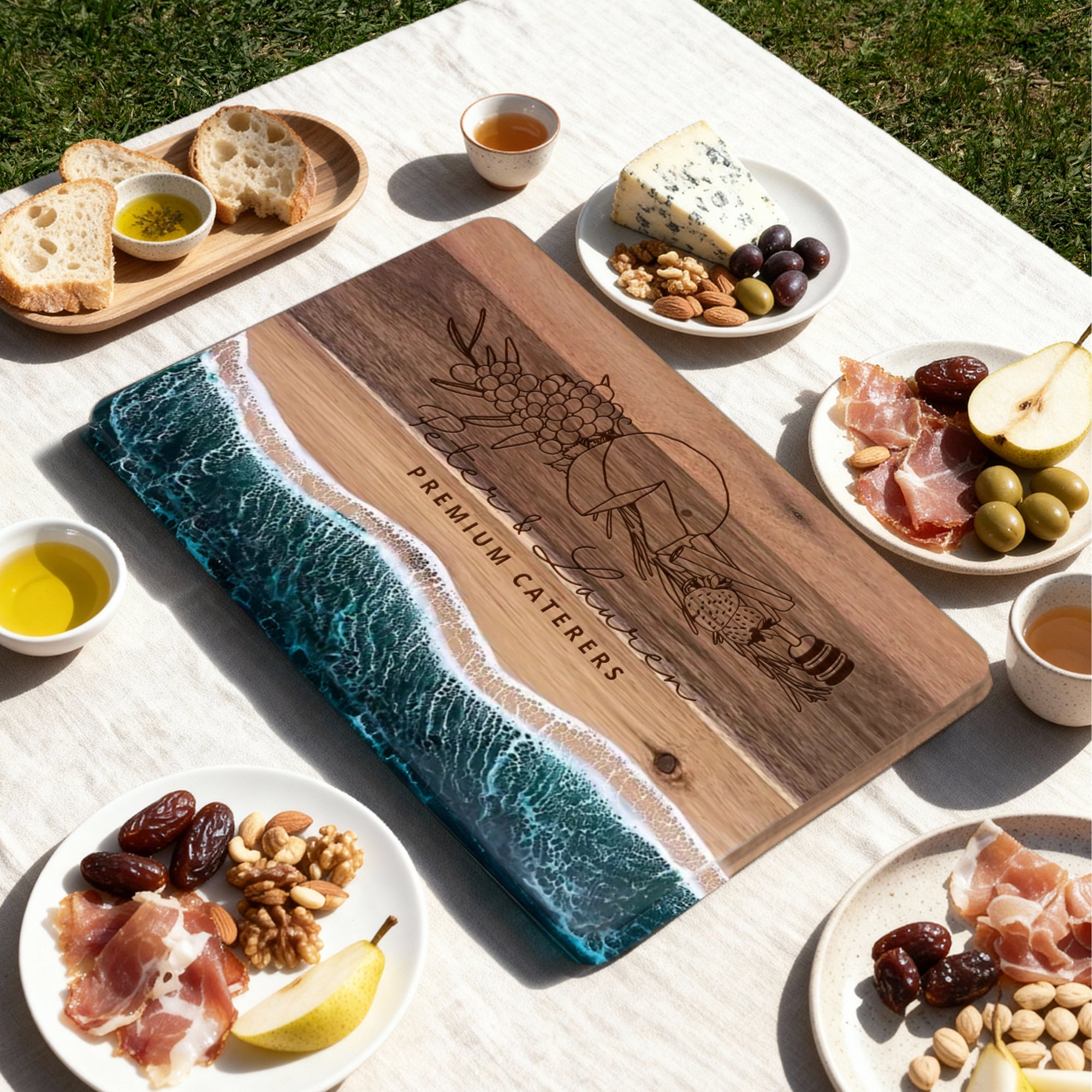 Personalised Acacia Wood Ocean Resin Wave Cheese Tray, Custom Logo Engraved Serving Board, Charcuterie Platter, Corporate Housewarming Gift