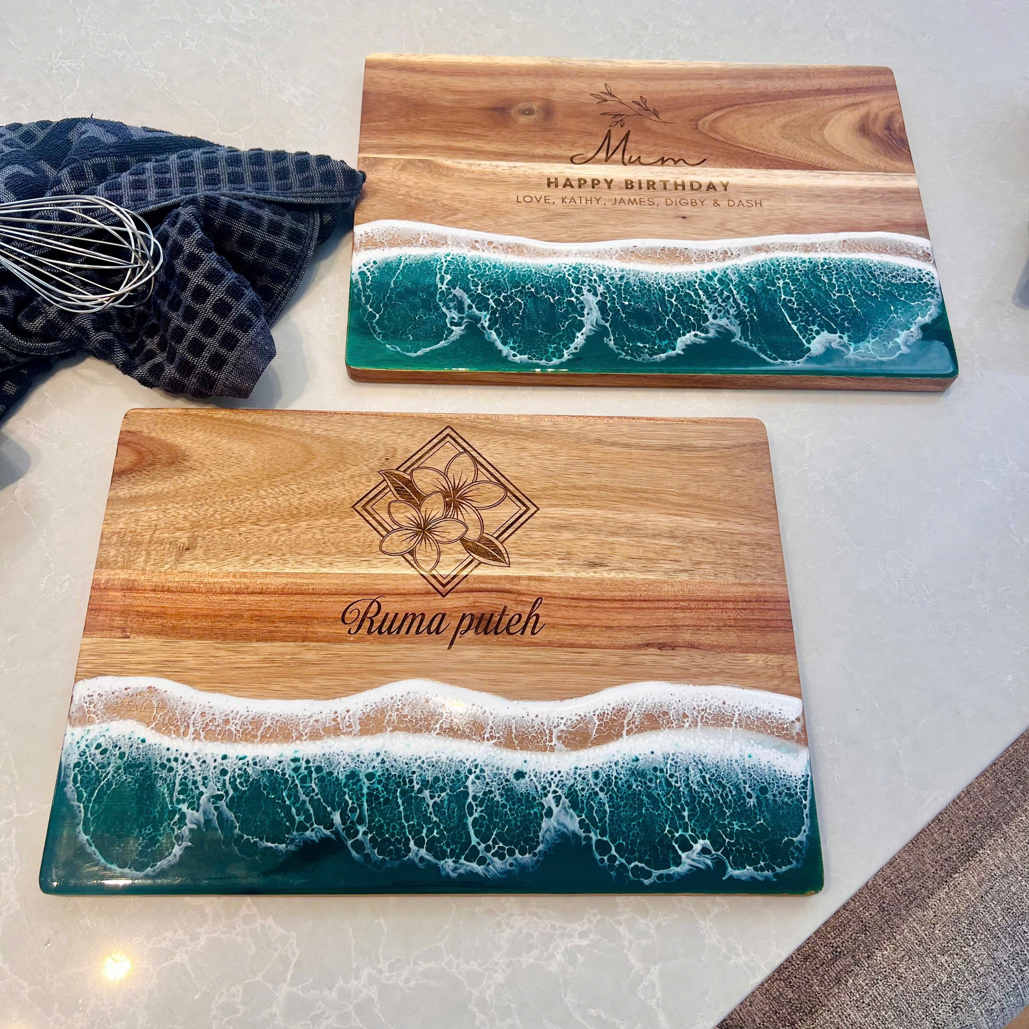 Personalised Acacia Wood Ocean Resin Wave Cheese Tray, Custom Logo Engraved Serving Board, Charcuterie Platter, Corporate Housewarming Gift