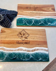 Personalised Acacia Wood Ocean Resin Wave Cheese Tray, Custom Logo Engraved Serving Board, Charcuterie Platter, Corporate Housewarming Gift