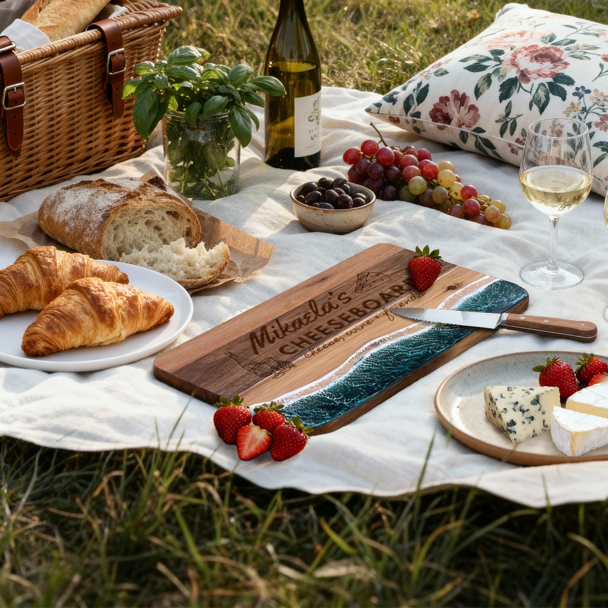Personalised Acacia Wood Ocean Resin Wave Cheese Tray, Custom Logo Engraved Serving Board, Charcuterie Platter, Corporate Housewarming Gift