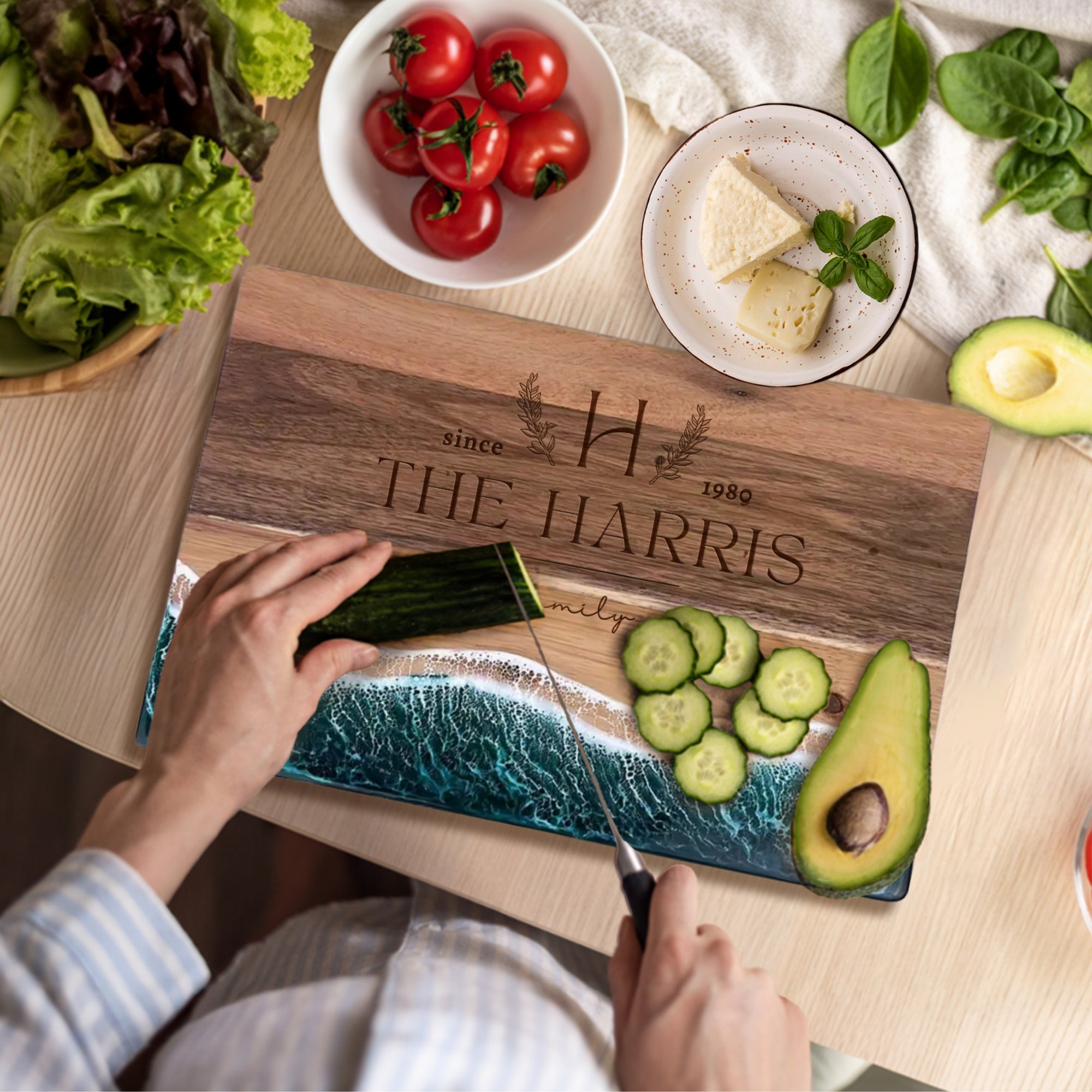 Personalised Acacia Wood Ocean Resin Wave Cheese Tray, Custom Logo Engraved Serving Board, Charcuterie Platter, Corporate Housewarming Gift