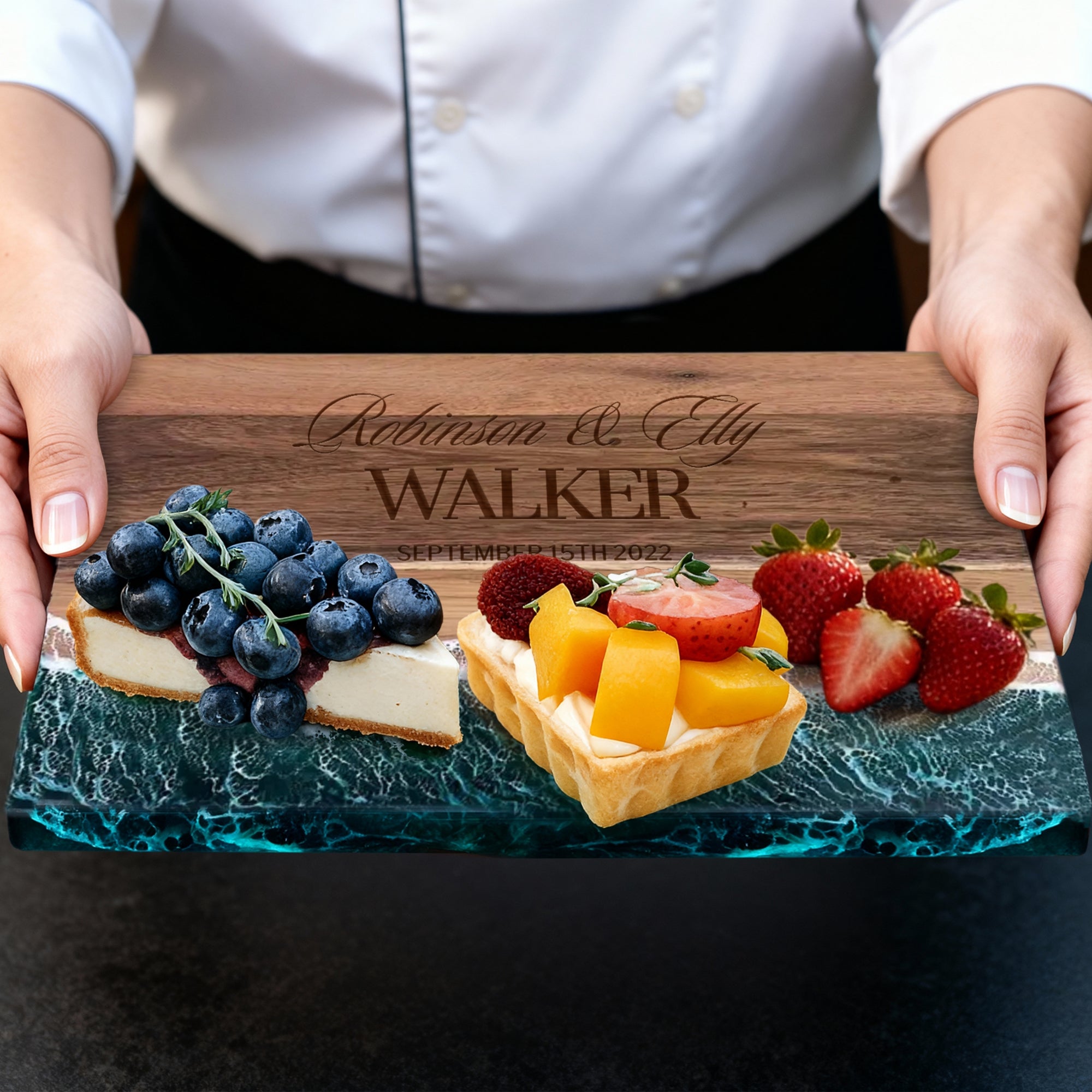 Personalised Acacia Wood Ocean Resin Wave Cheese Tray, Custom Logo Engraved Serving Board, Charcuterie Platter, Corporate Housewarming Gift