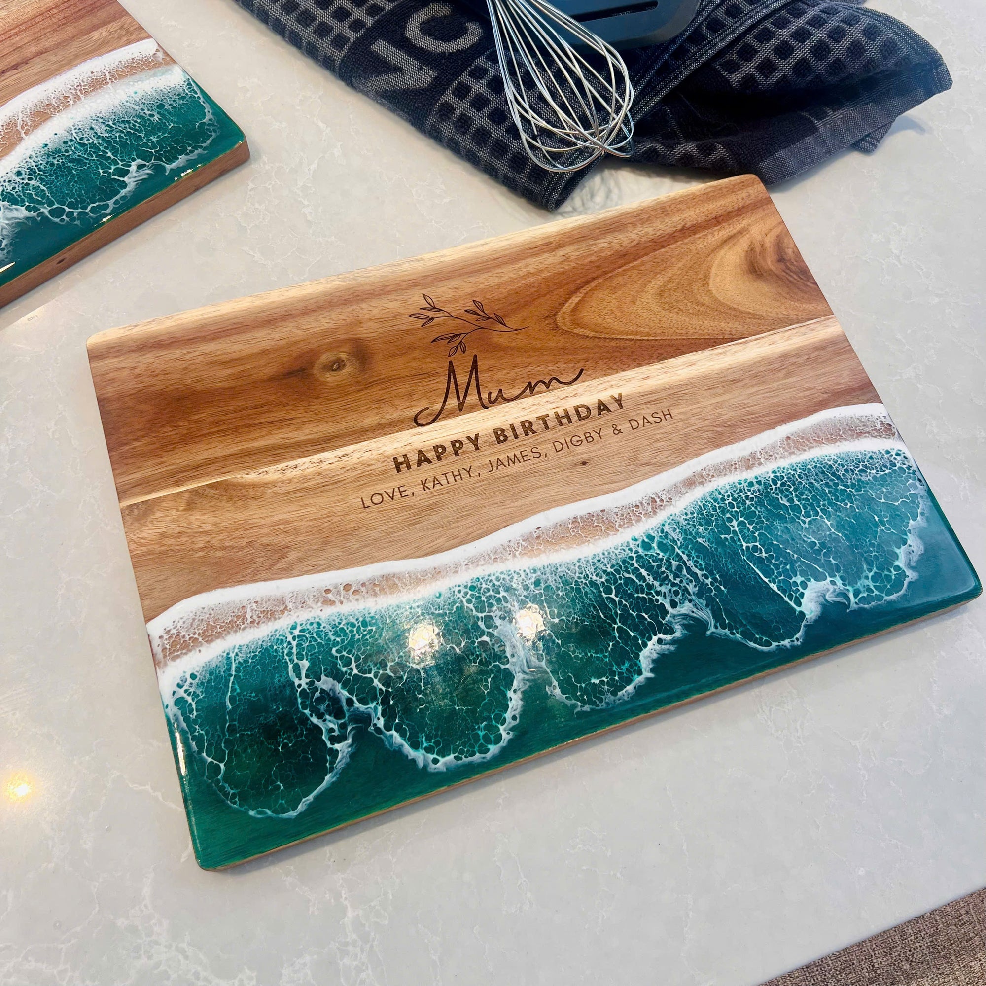 Personalised Acacia Wood Ocean Resin Wave Cheese Tray, Custom Logo Engraved Serving Board, Charcuterie Platter, Corporate Housewarming Gift
