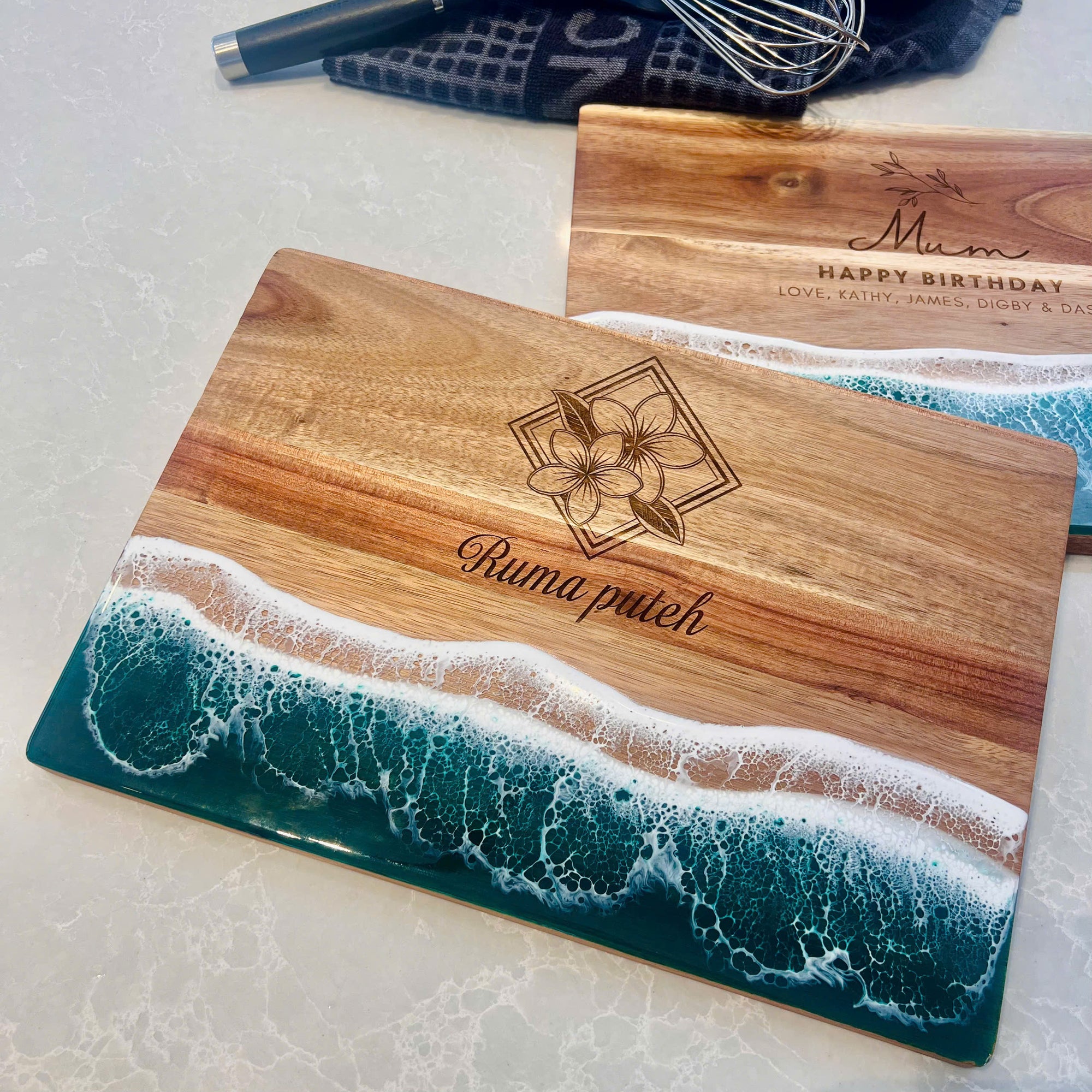 Personalised Acacia Wood Ocean Resin Wave Cheese Tray, Custom Logo Engraved Serving Board, Charcuterie Platter, Corporate Housewarming Gift