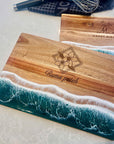 Personalised Acacia Wood Ocean Resin Wave Cheese Tray, Custom Logo Engraved Serving Board, Charcuterie Platter, Corporate Housewarming Gift