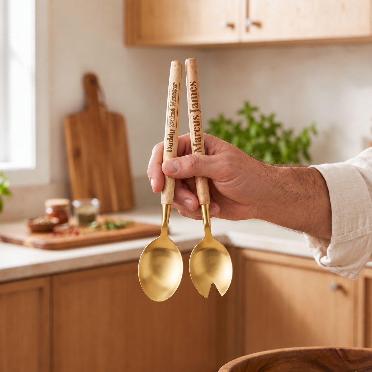 Personalised Acacia Wood Salad Servers Set, Custom Engraved Name/ Logo Gold/ Silver Serving Fork &amp; Spoon, Housewarming, Mother, Wedding Gift